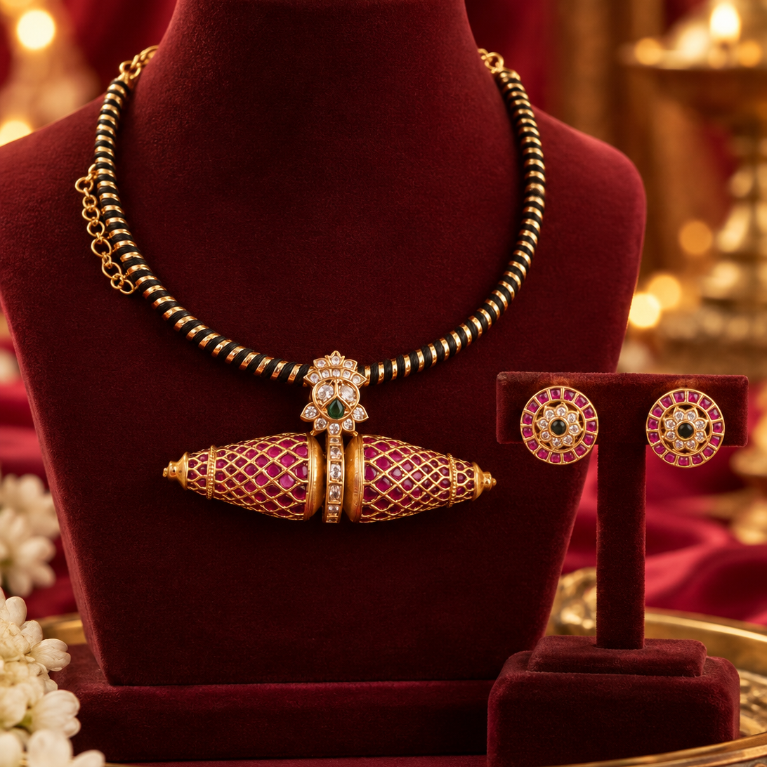 Gold Finish Openwork Beaded Pendant Necklace Set with Earrings