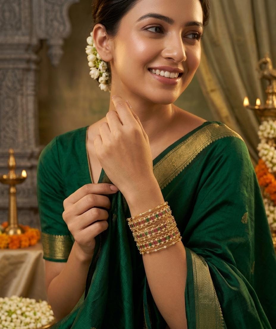 Gold Plated Pink Green Stone Layered Bangle