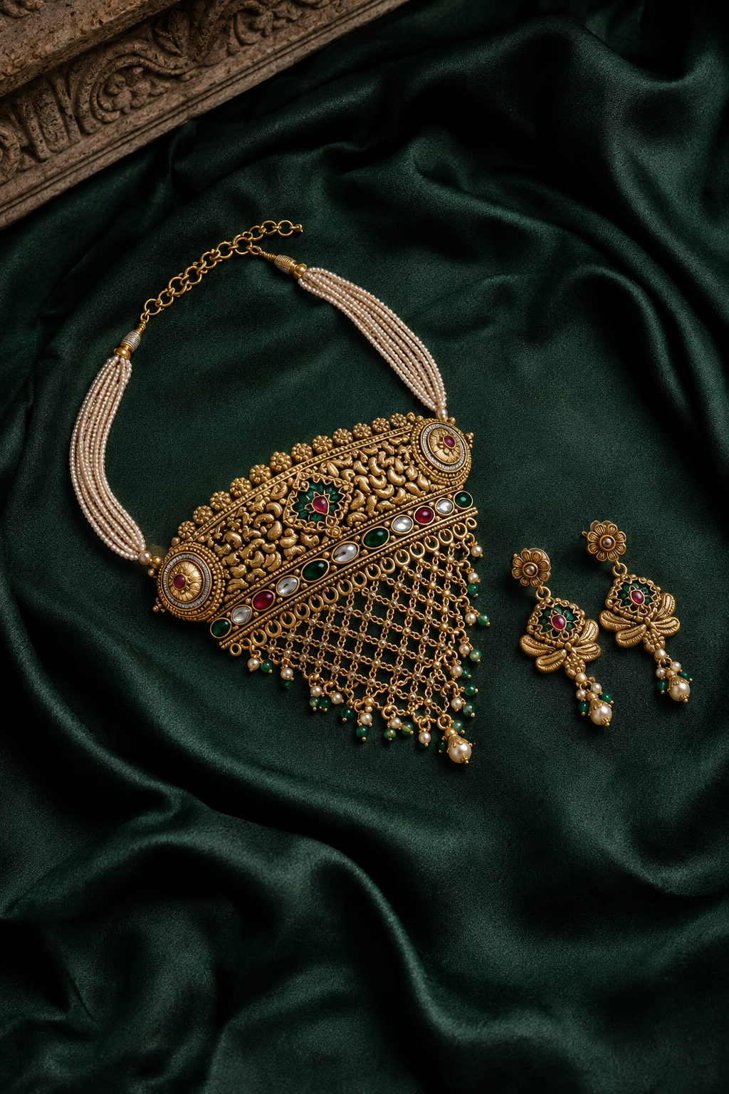 Rajwadi Floral Pearl Choker with Green Bead Drops