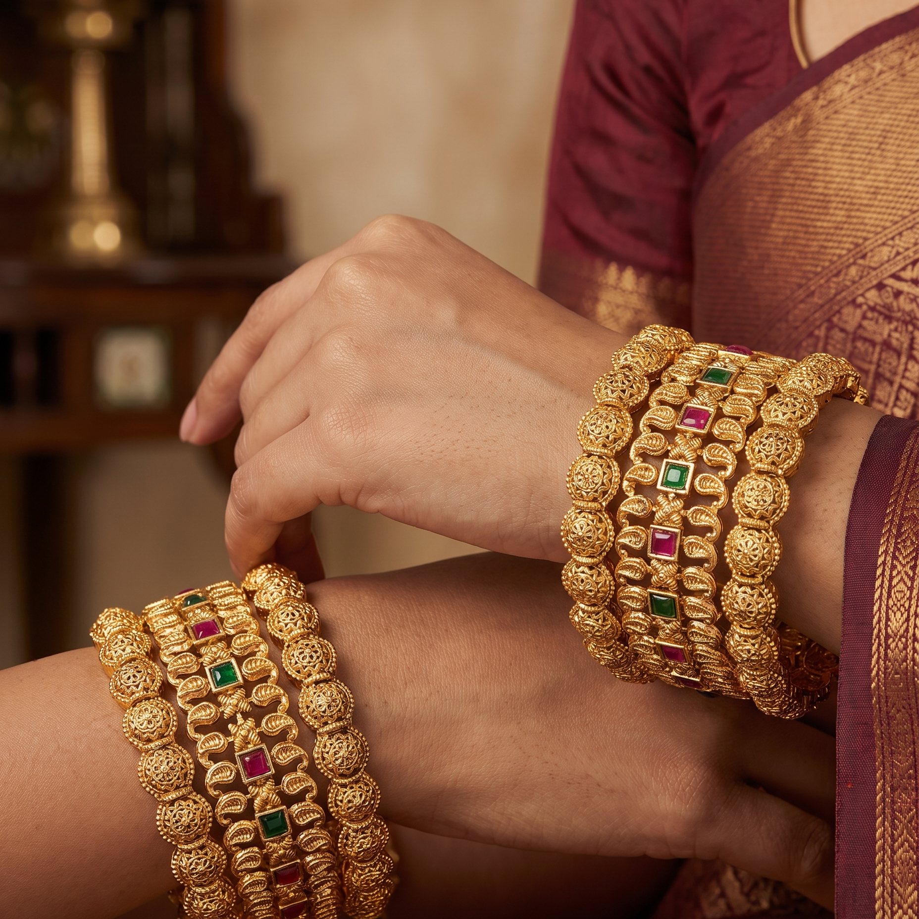 Red and Green Kasula Gold Plated Bangle Set