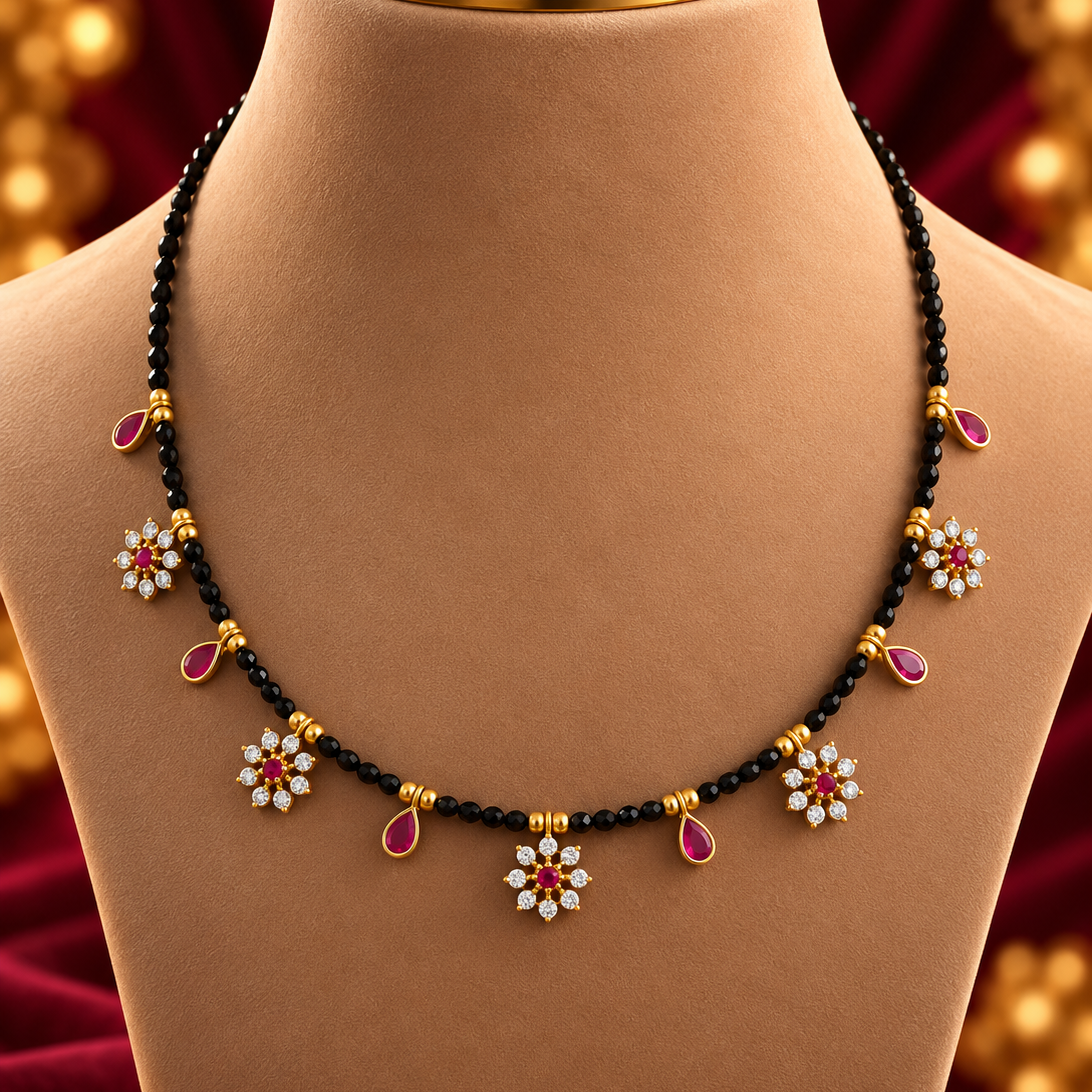 Floral Black Bead Mangalsutra with Maroon Drops
