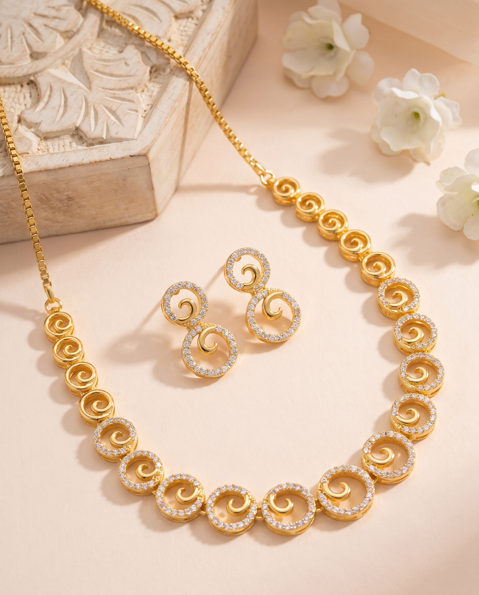 Swirl Crystal Gold Tone Necklace Set with Earrings
