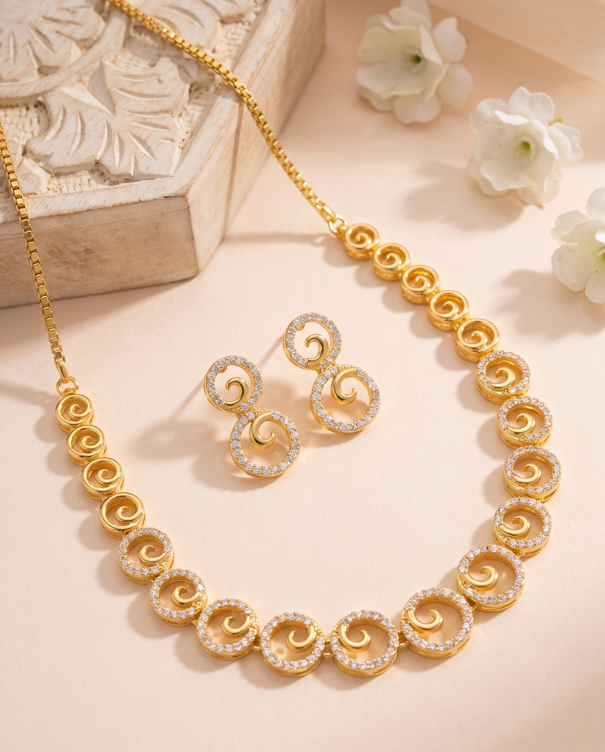 Swirl Crystal Gold Tone Necklace Set with Earrings