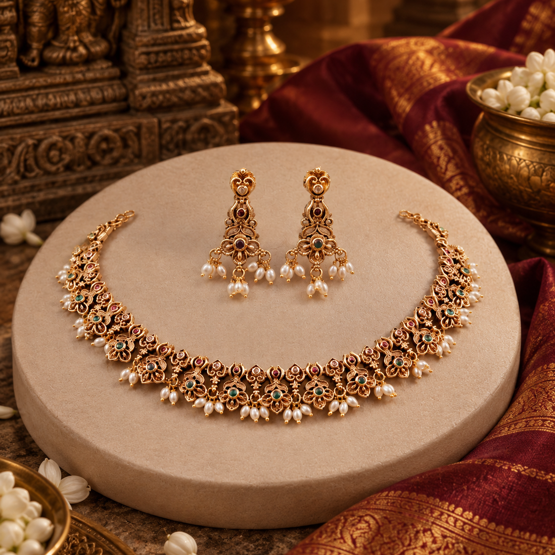 Floral Rose Gold Tone Necklace Set with Earrings