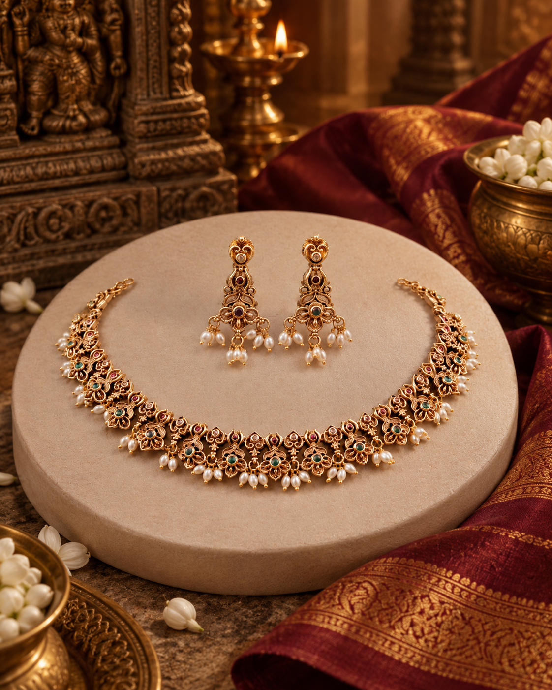 Floral Rose Gold Tone Necklace Set with Earrings