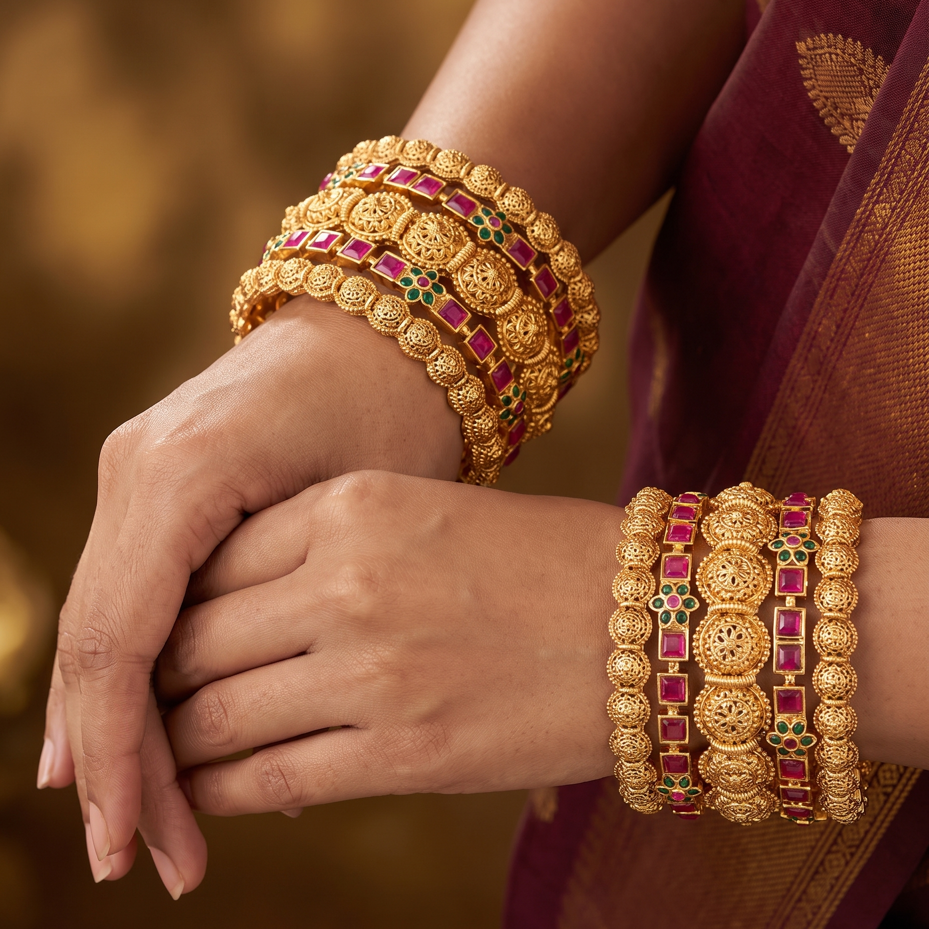 Red Stone Kundan Gold Plated Bangle Set