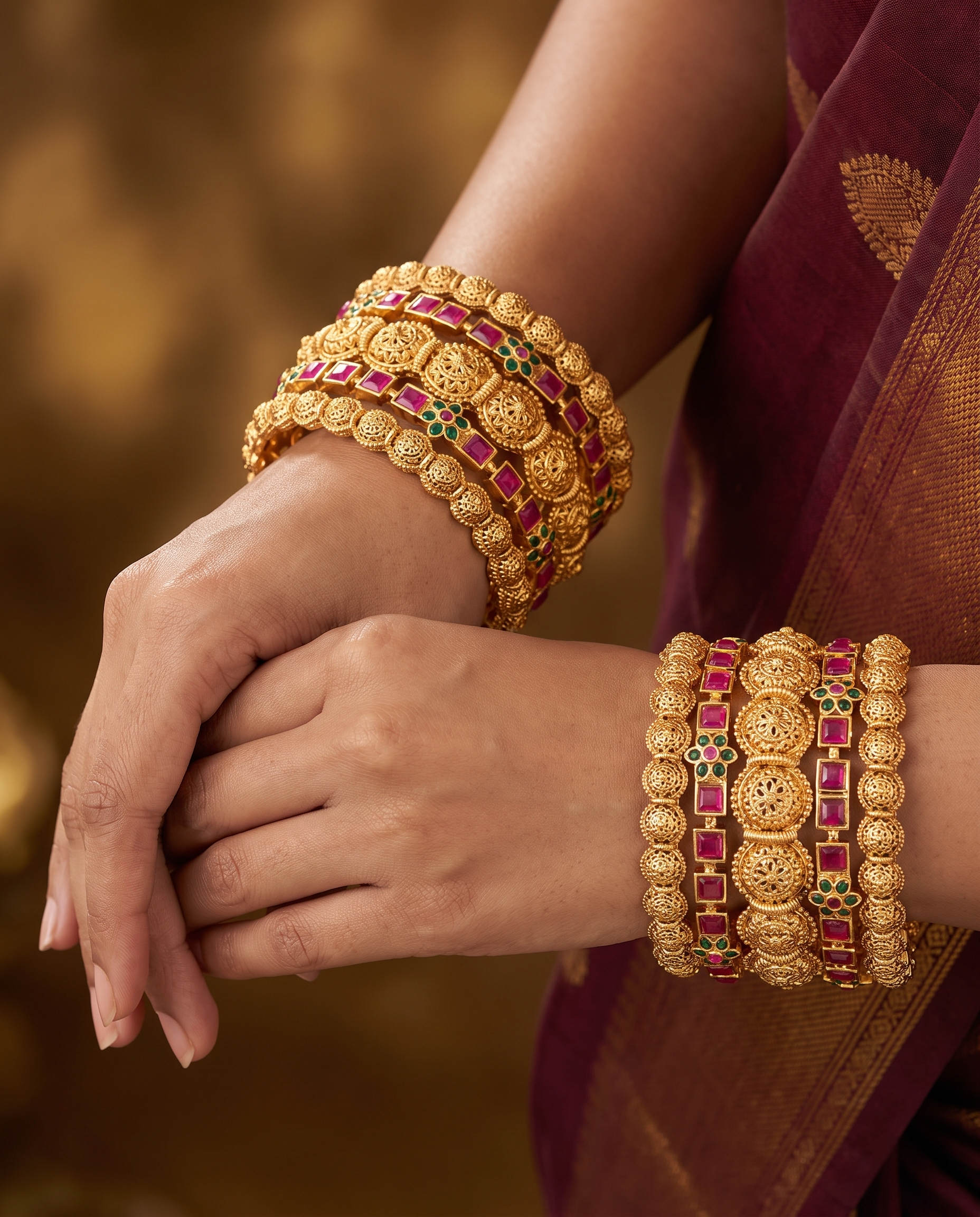 Red Stone Kundan Gold Plated Bangle Set