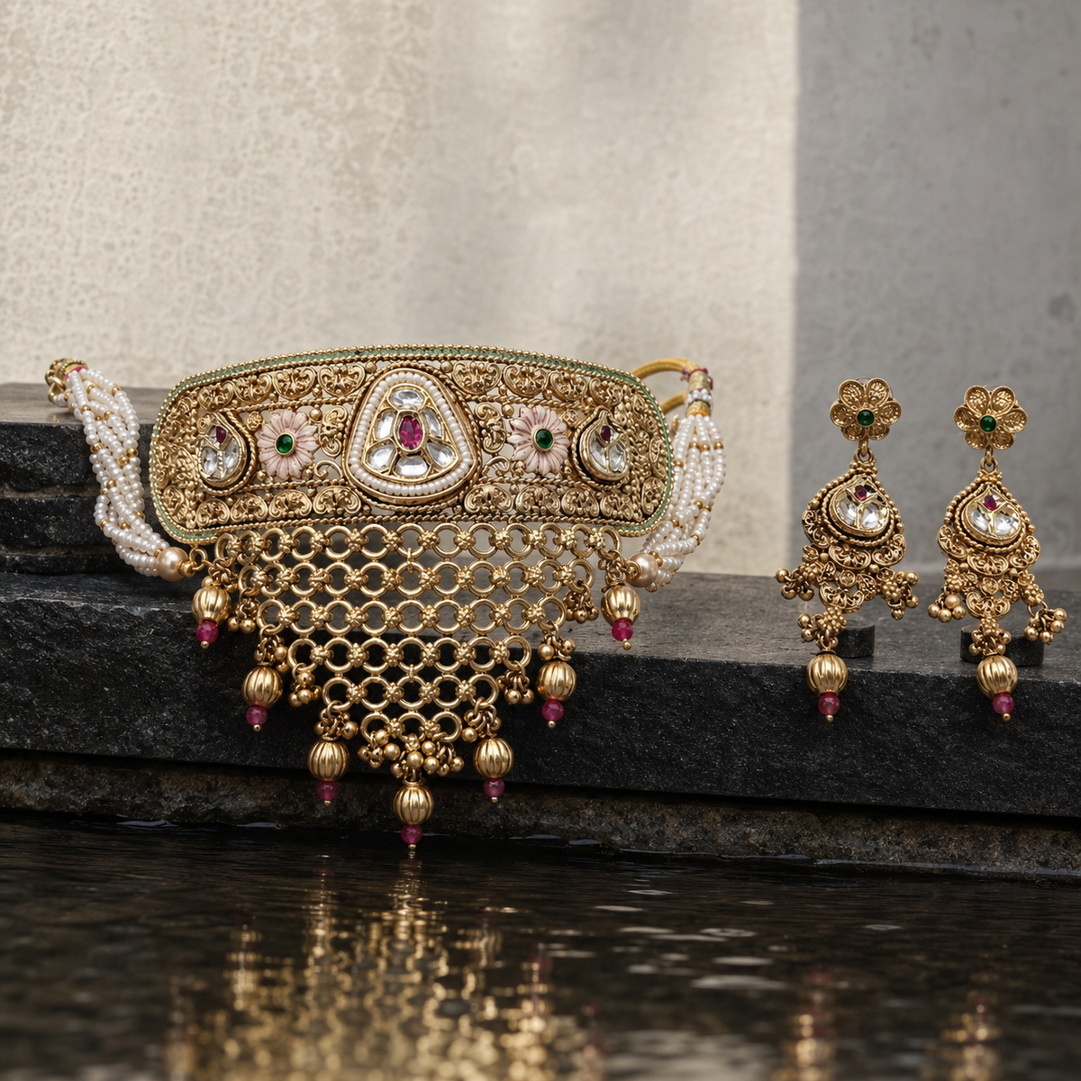 Rajwadi Green Enamel Floral Kundan Choker Set