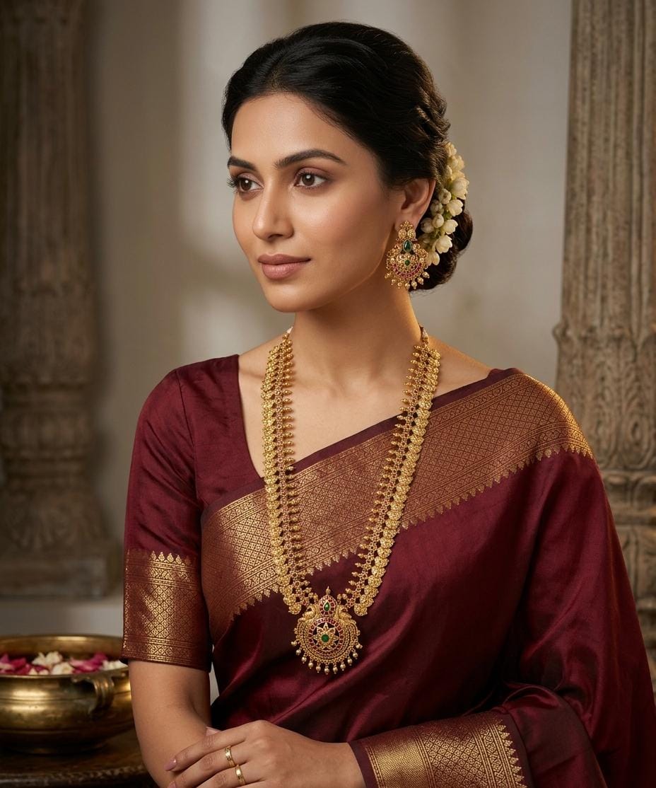 Gold Plated Floral Temple Haram Necklace Set with Jhumka Earrings