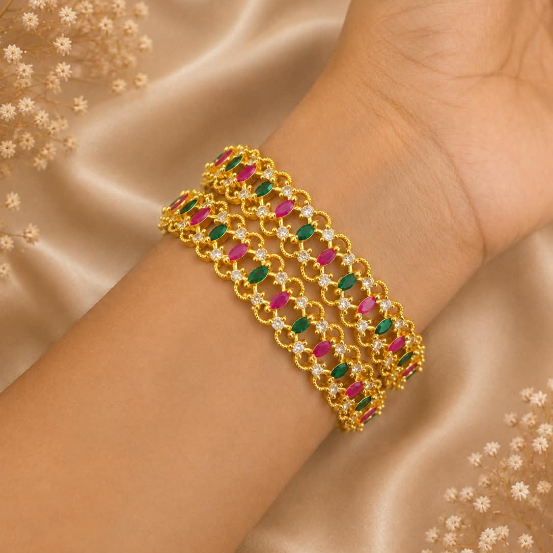 Gold Plated Pink Green Stone Broad Bangle