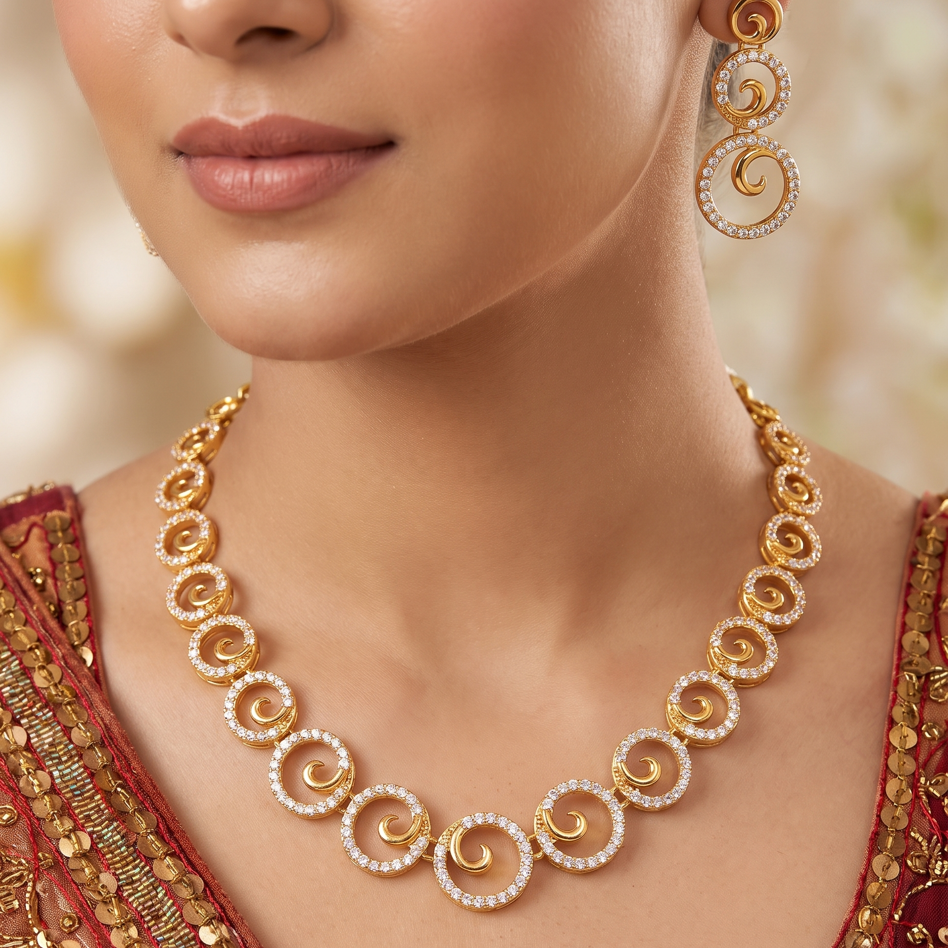 Swirl Crystal Gold Tone Necklace Set with Earrings