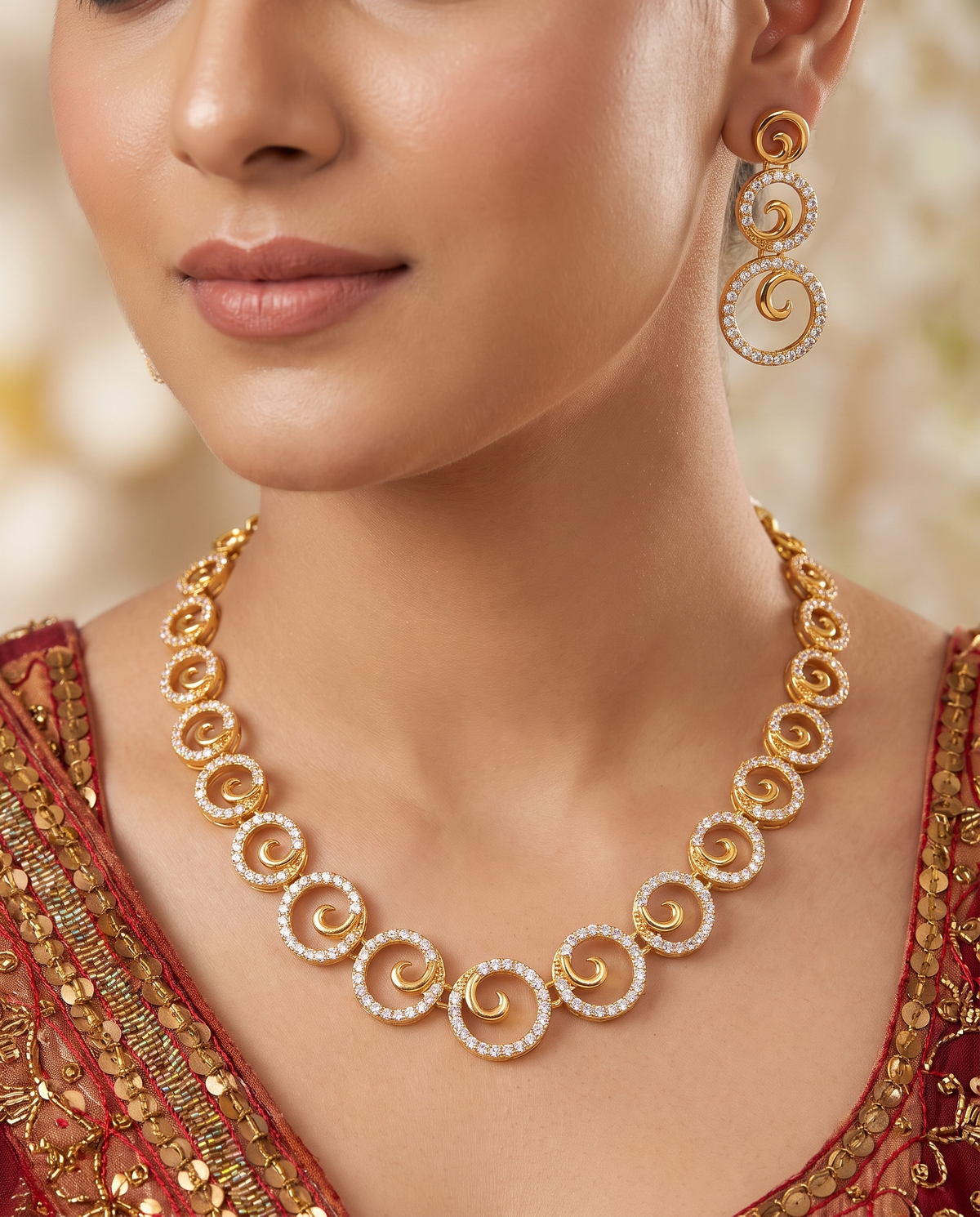 Swirl Crystal Gold Tone Necklace Set with Earrings
