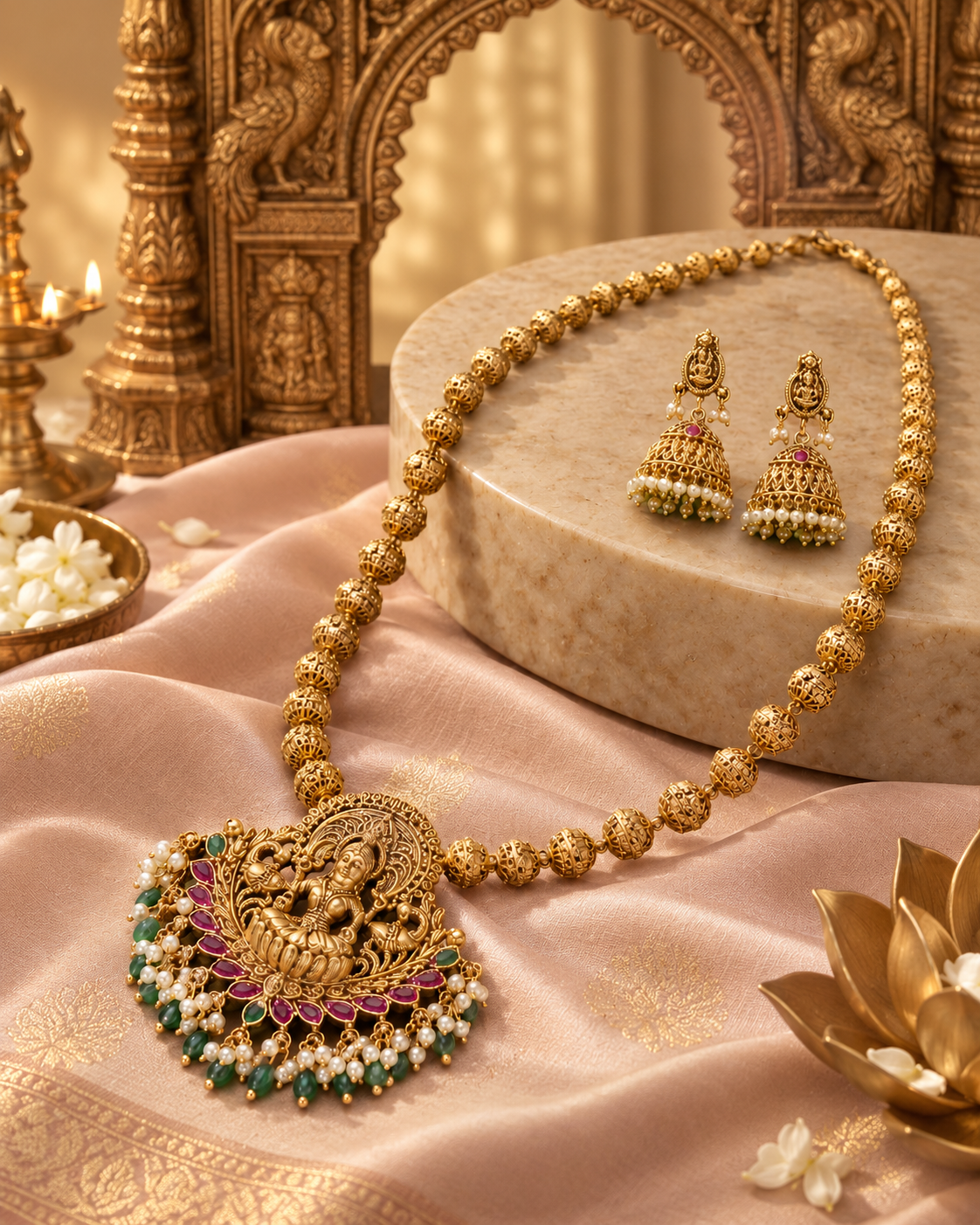 Lakshmi Devi Pearl Beaded Fringe Gold Plated Necklace Set