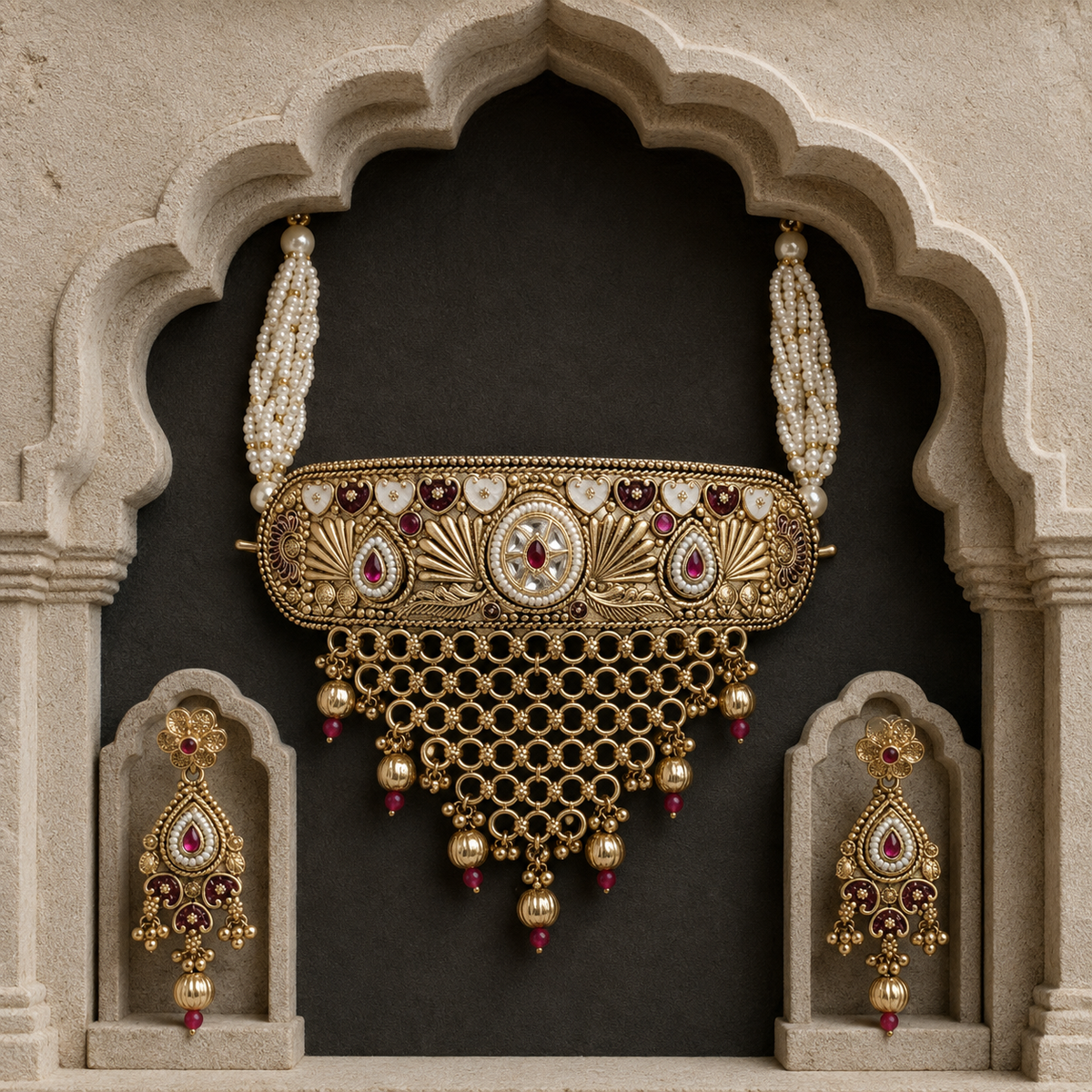 Rajwadi Fan-Motif Kundan Choker Set