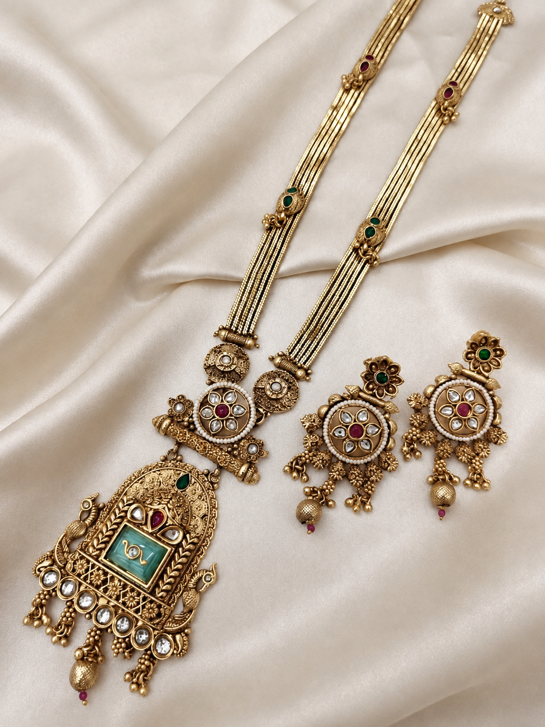 Green Stone Gold Tone Long Pendant Necklace Set