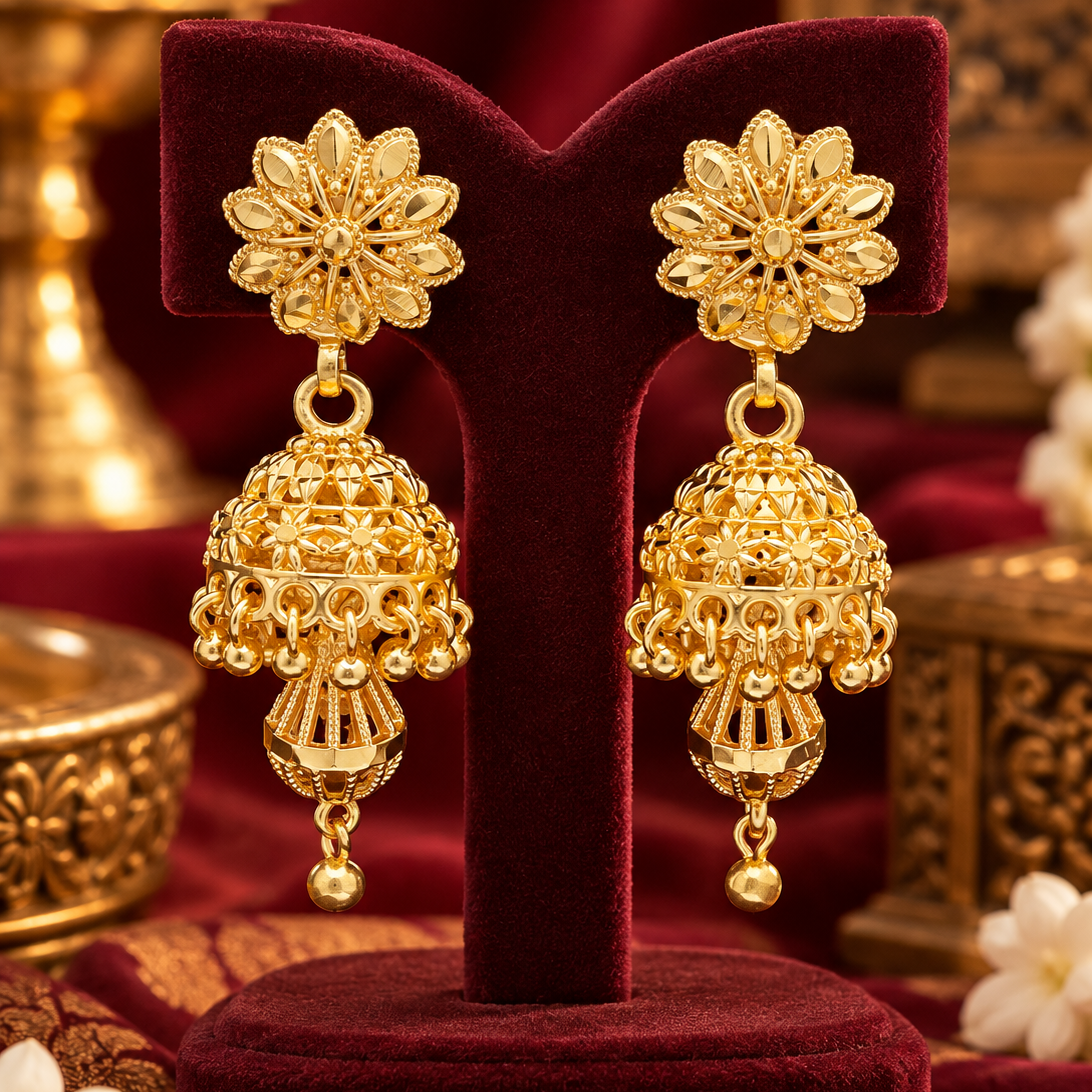 Gold Finish Floral Jhumka Earrings