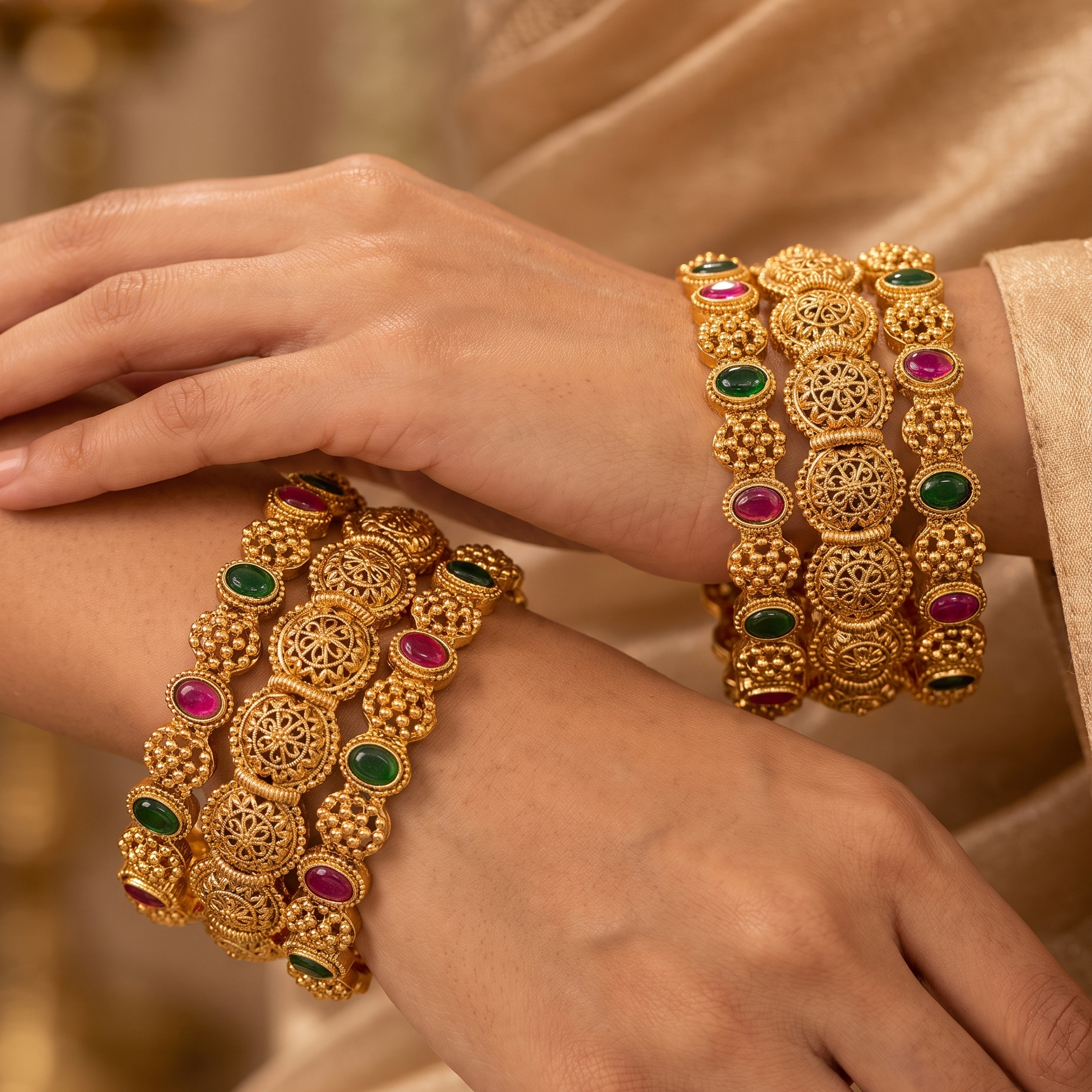 Red and Green Stone Gold Plated Bangle Set