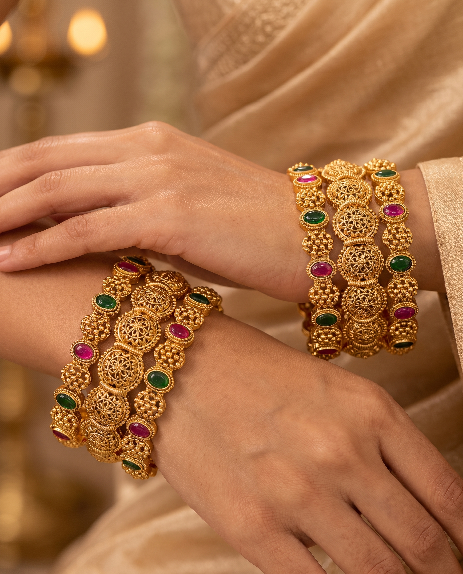Red and Green Stone Gold Plated Bangle Set