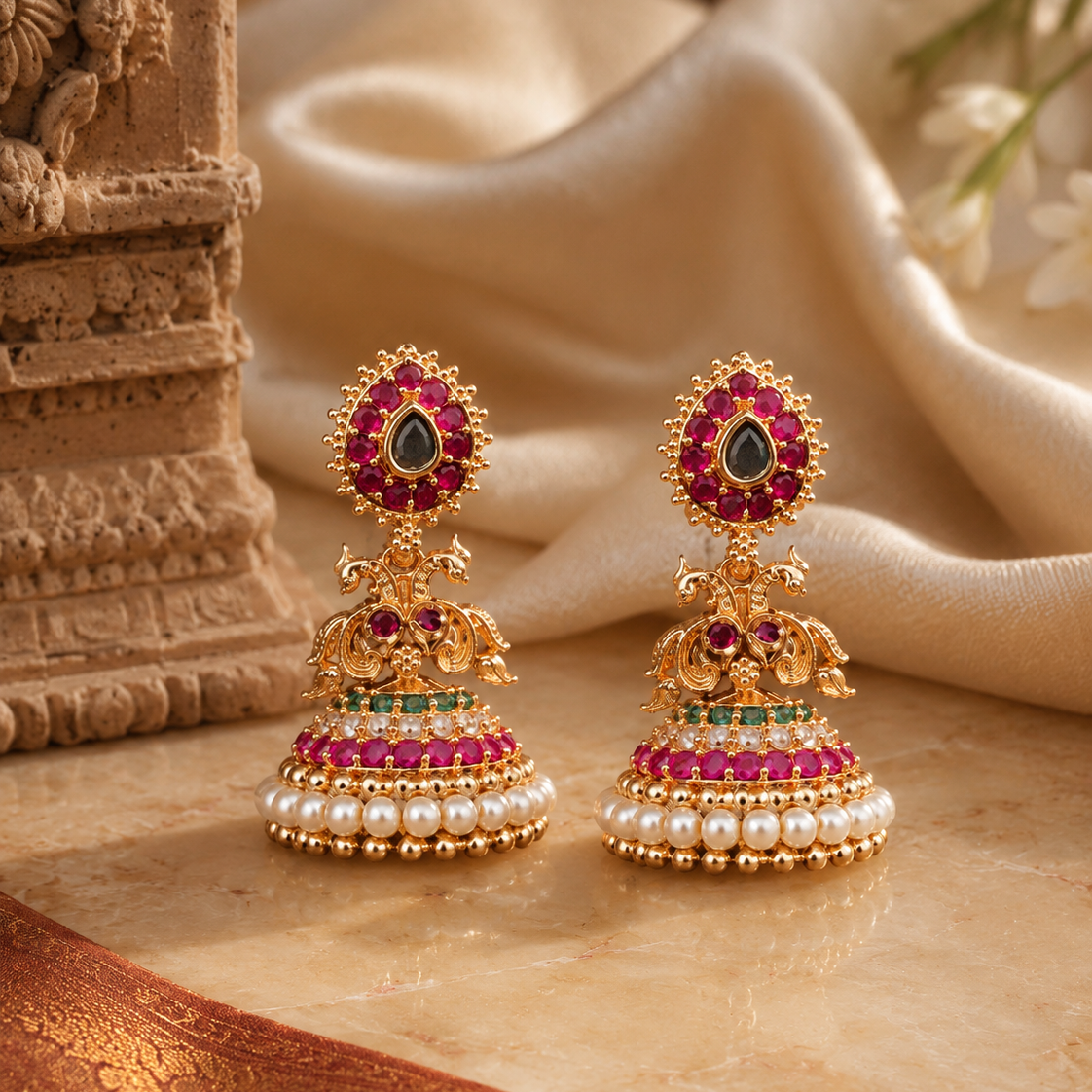 Pink Jhumka Gold Tone Earrings