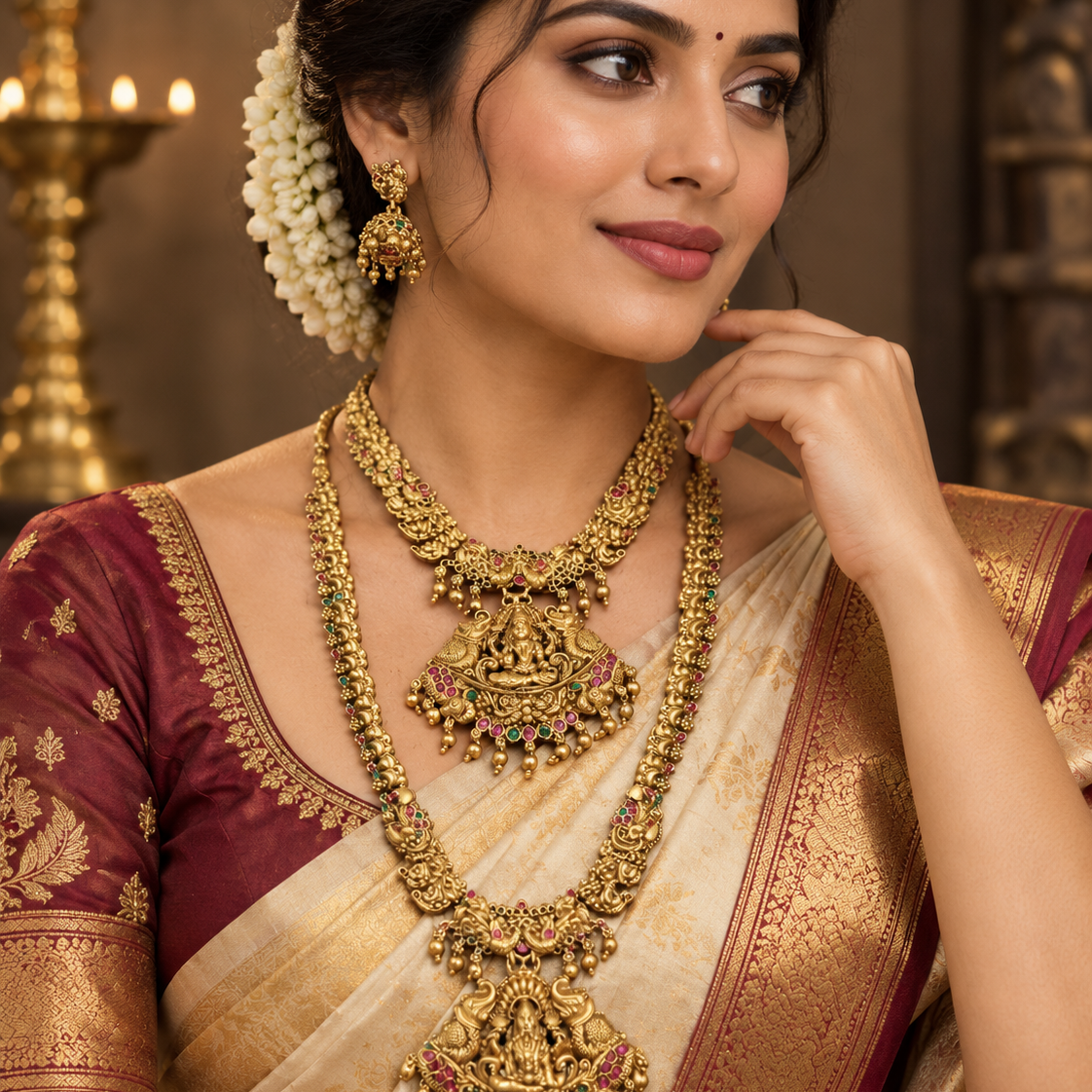 Lakshmi Devi Gold Plated Pendant Double Necklace Set