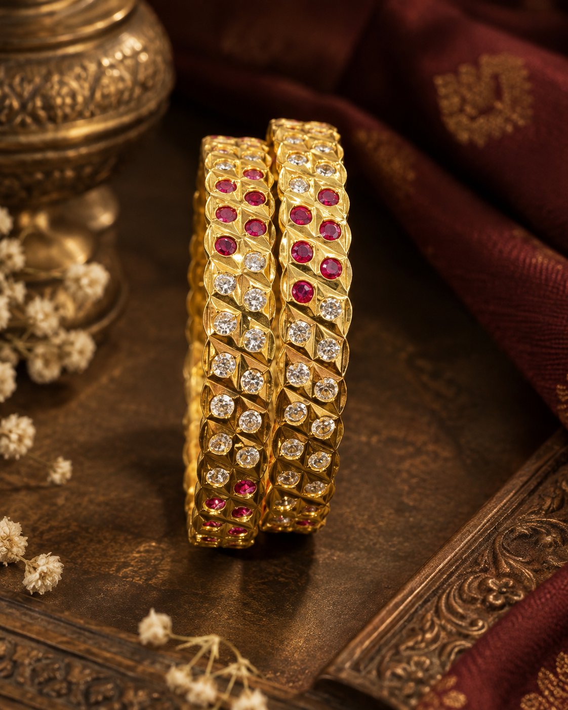 Gold Plated Pink White Stone Designer Bangle