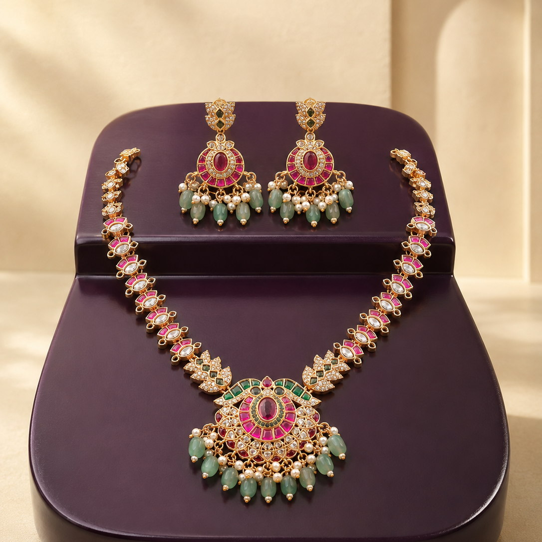 Pink Stone Gold Tone Necklace Set with Earrings