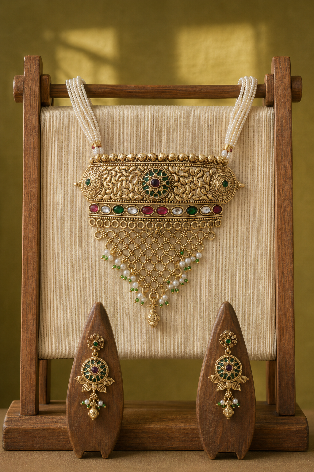 Peacock Motif Pearl Beaded Gold Plated Choker Set