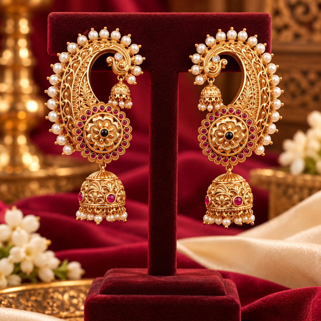Gold Finish Pearl Detail Statement Jhumka Earrings
