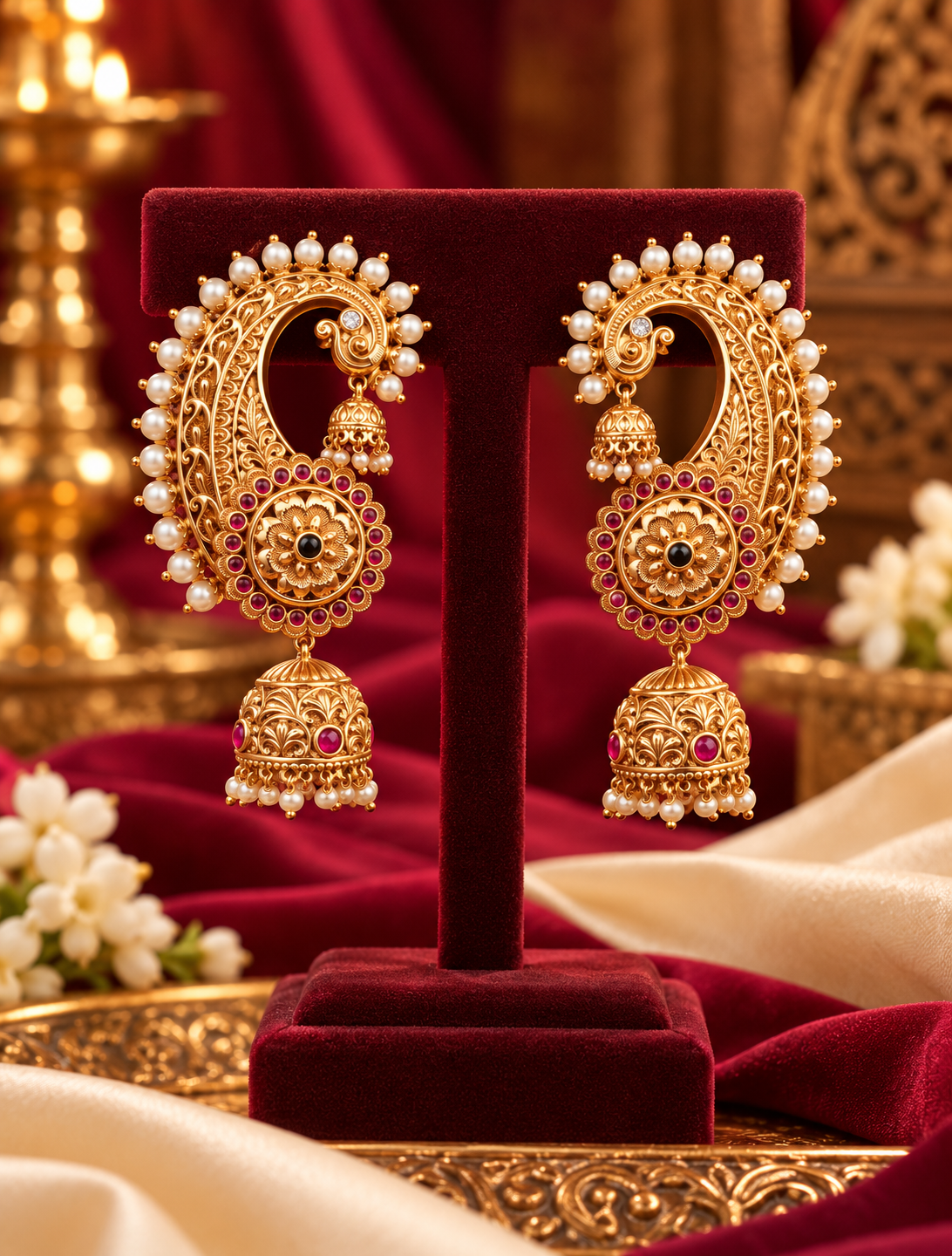 Gold Finish Pearl Detail Statement Jhumka Earrings