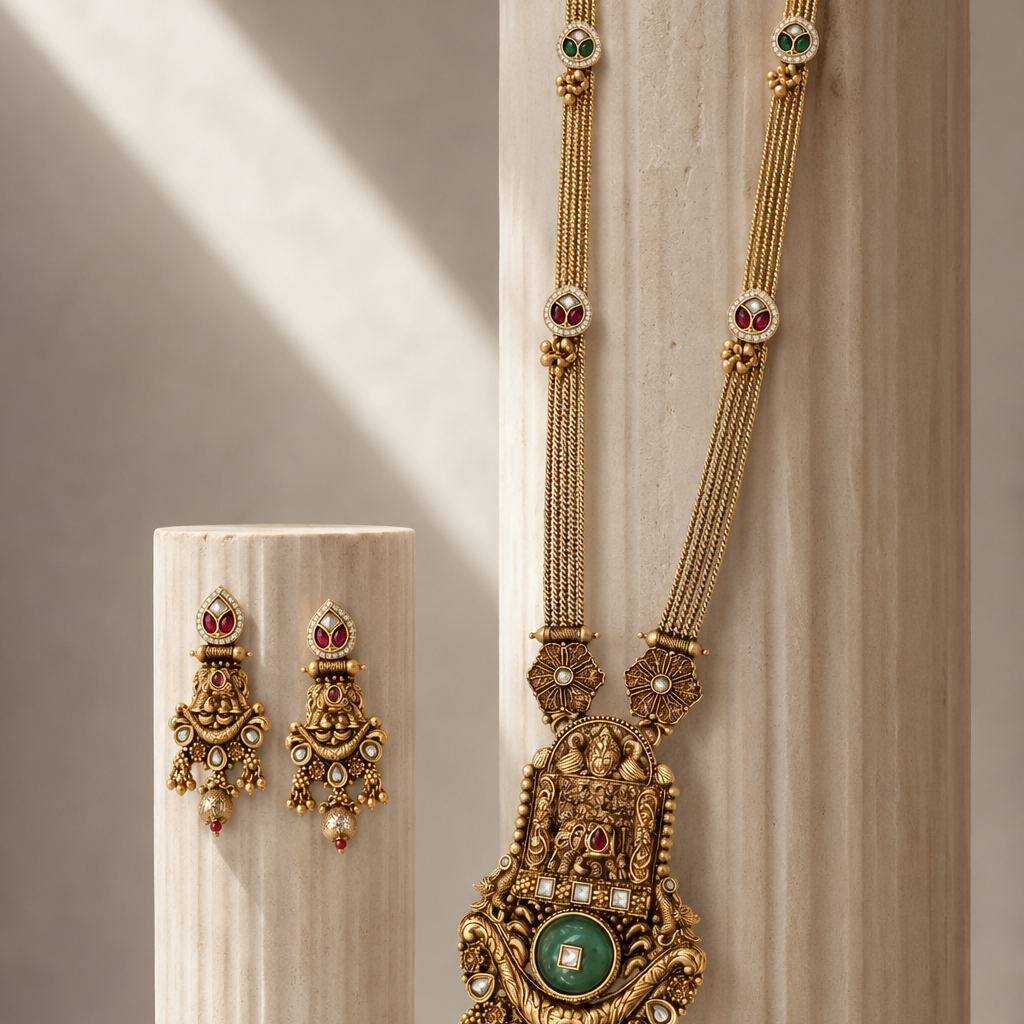 Green Stone Gold Tone Pendant Long Necklace Set