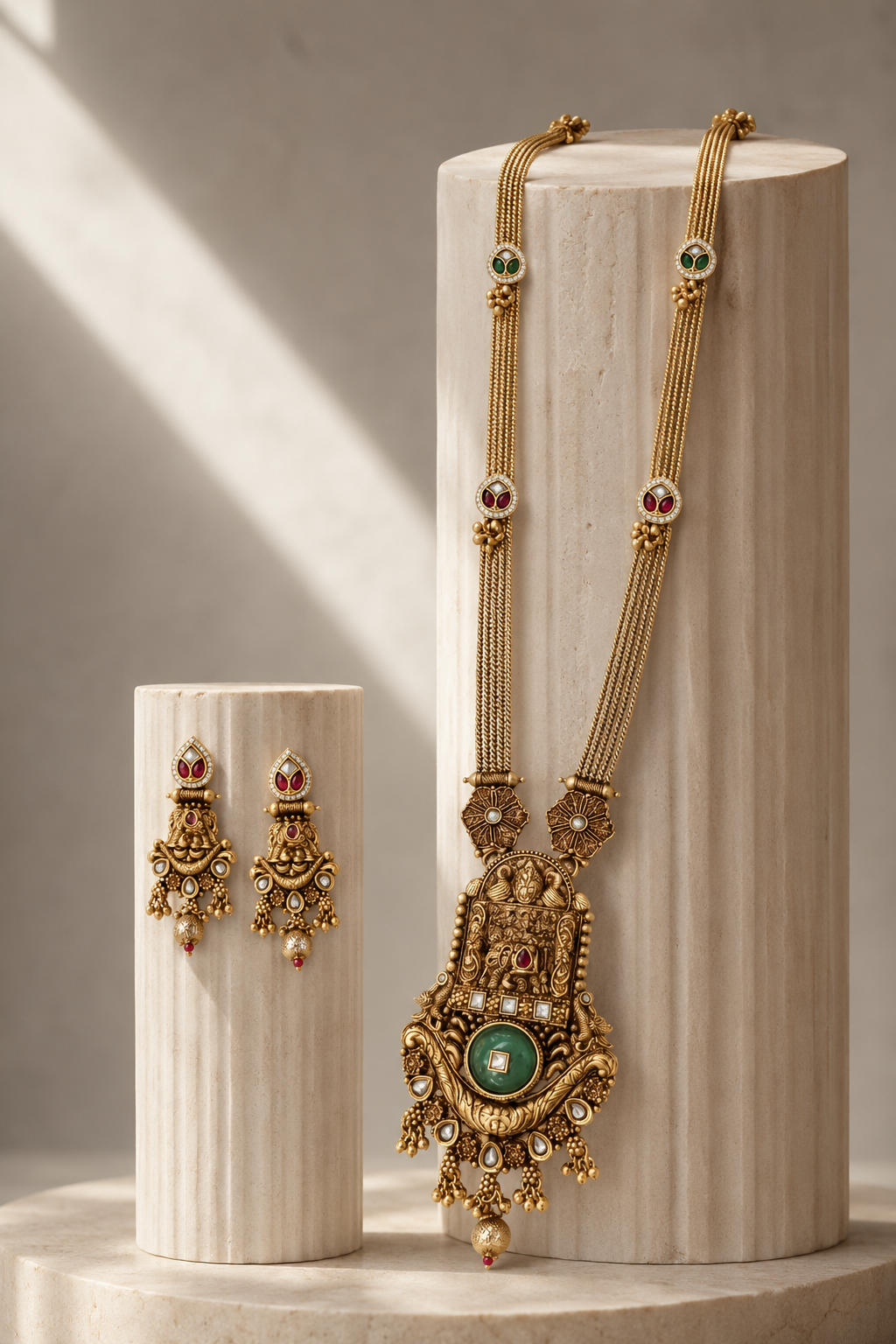 Green Stone Gold Tone Pendant Long Necklace Set