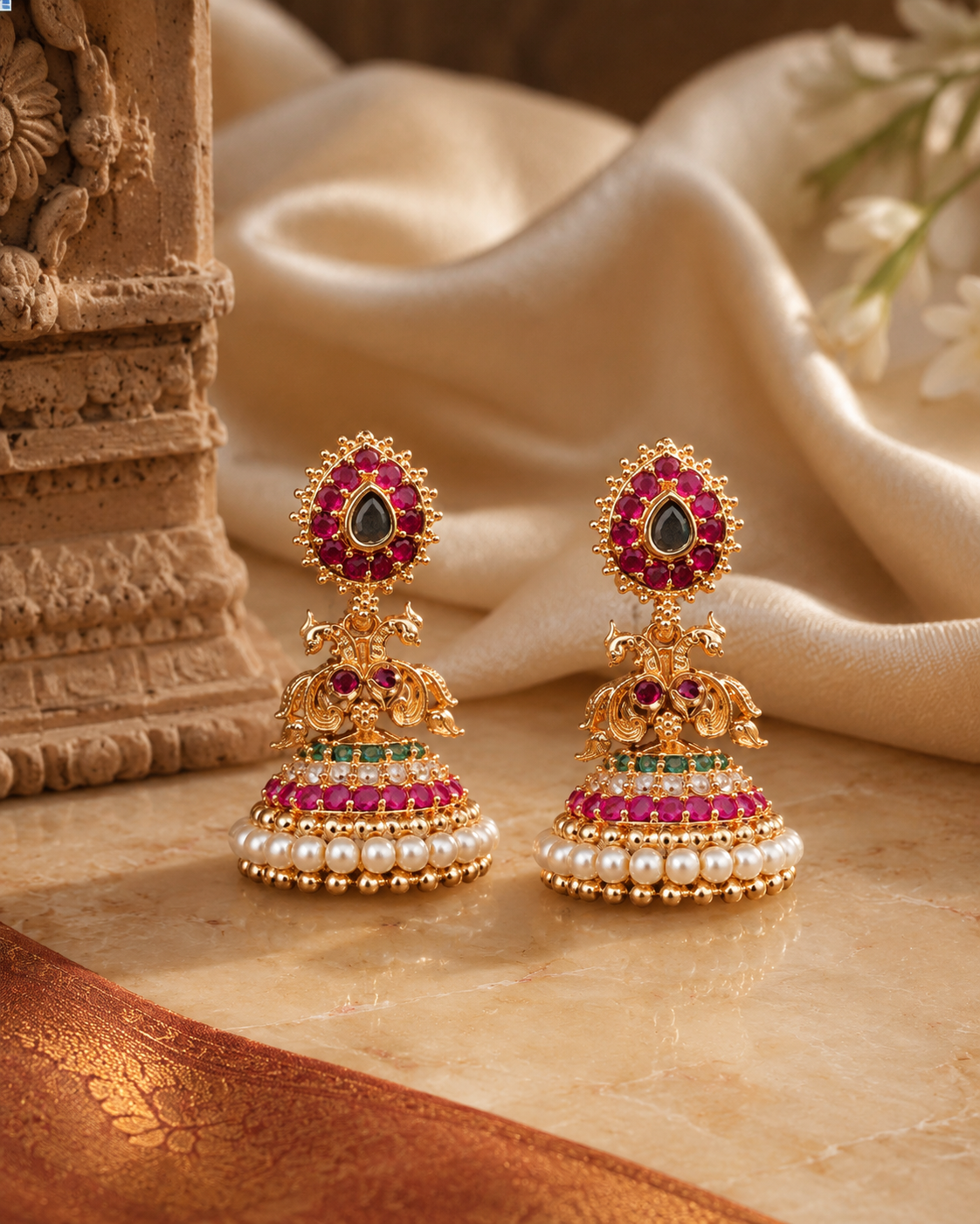 Pink Jhumka Gold Tone Earrings