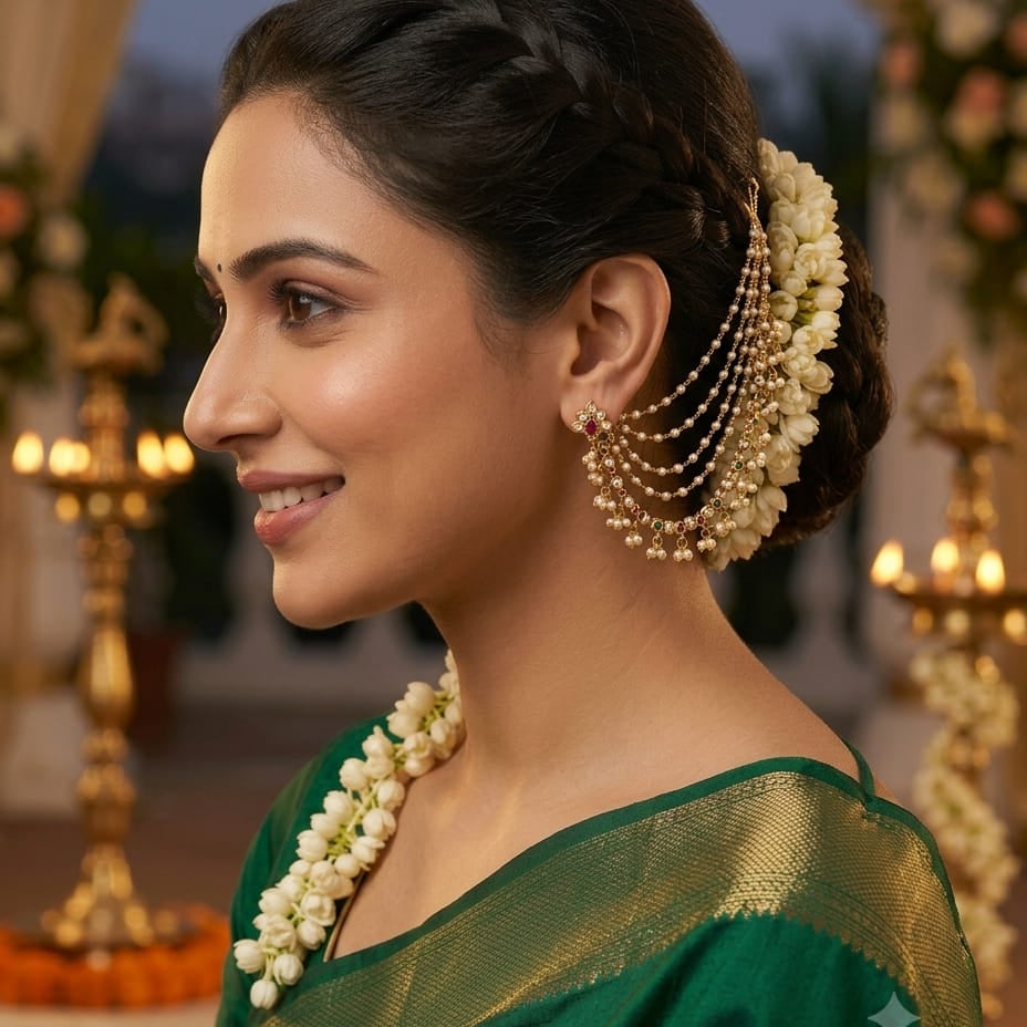 Gold Finish Pink Green Traditional Ear Chain Set