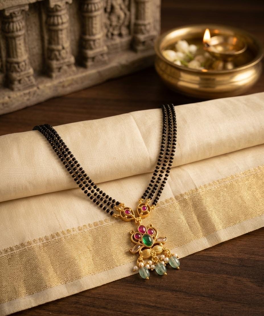 Gold Plated Black Bead Pink Green Floral Mangalsutra