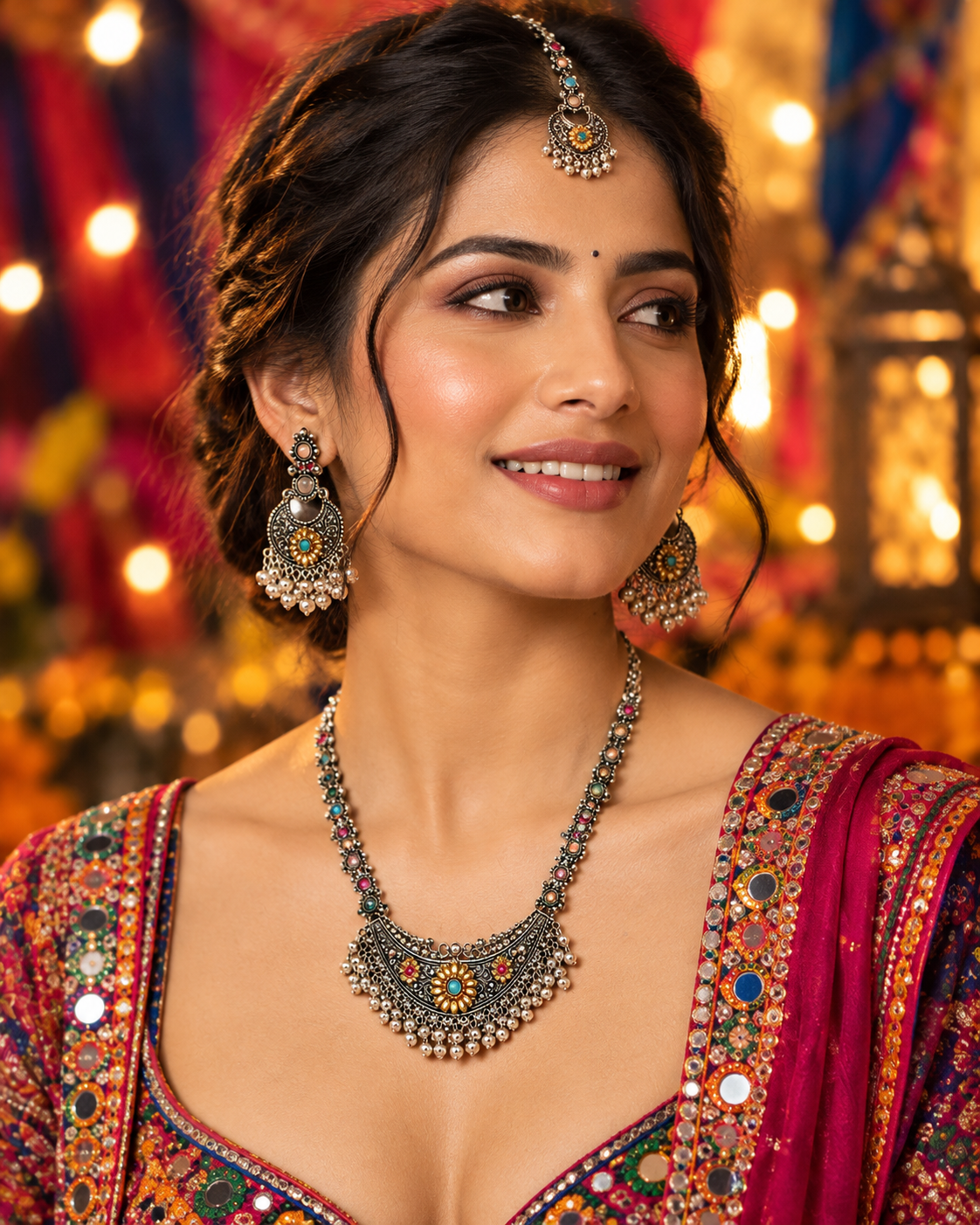 Multicolour Traditional Necklace Set with Earrings & Mangtika