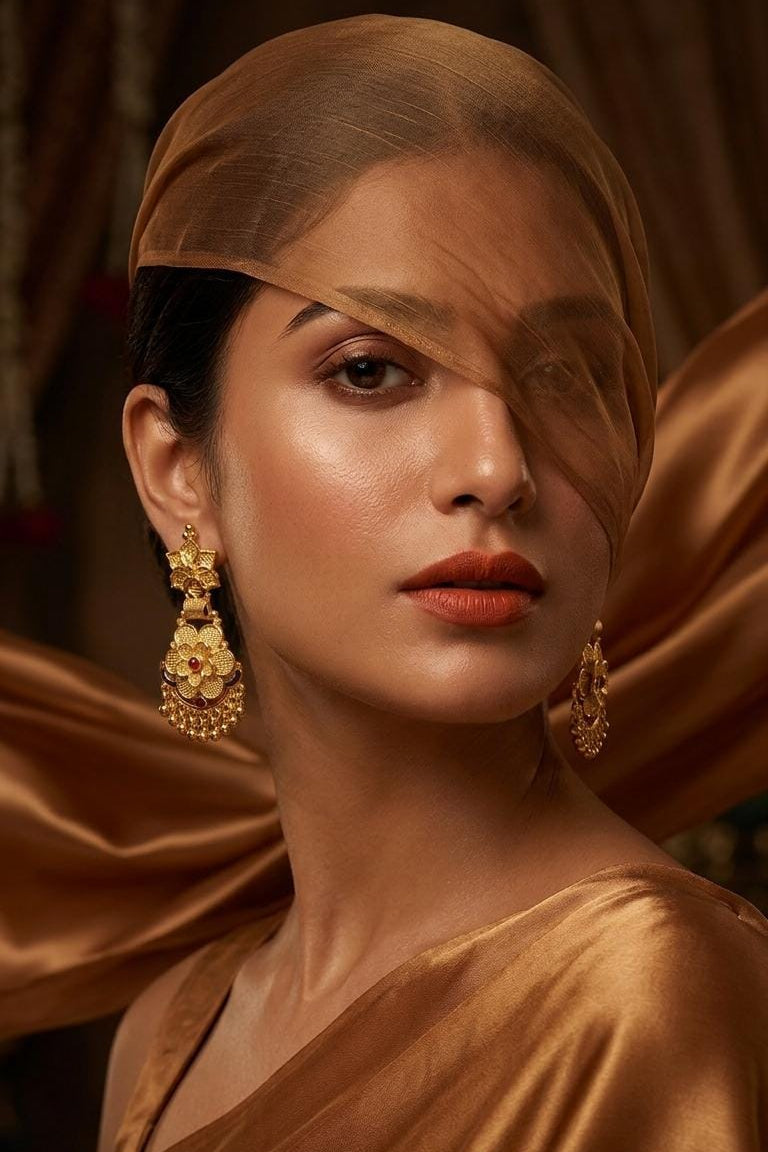 Gold Finish Floral Stone Drop Earrings