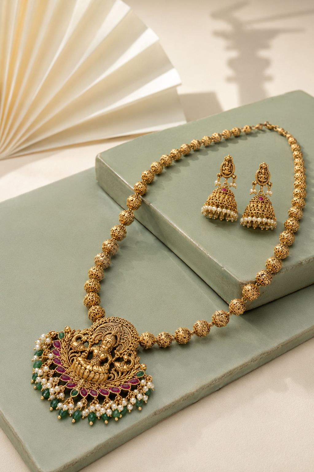 Lakshmi Devi Pearl Beaded Fringe Gold Plated Necklace Set