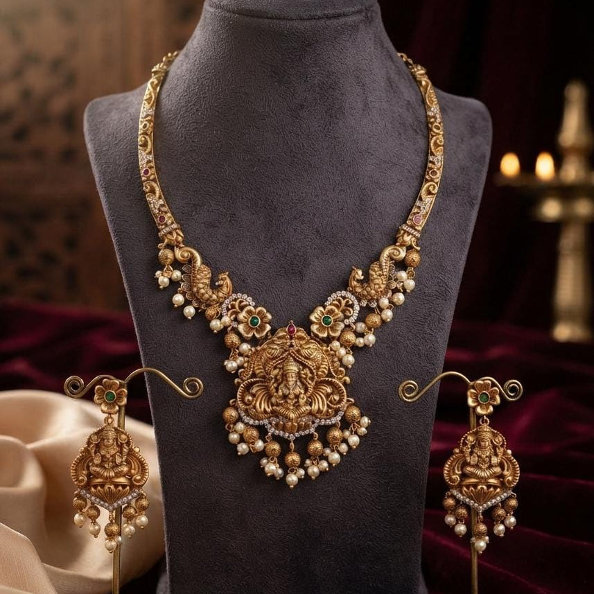 Gold Finish Lakshmi Floral Necklace Set with Earrings