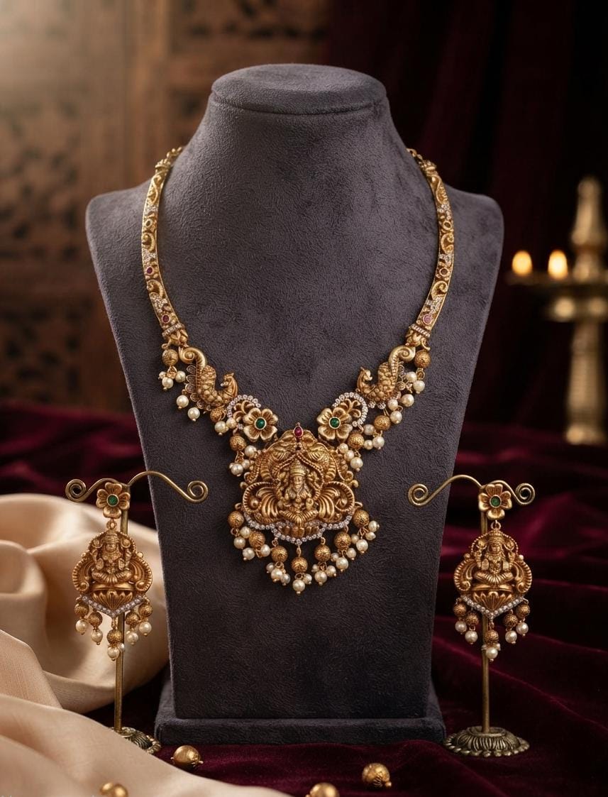 Gold Finish Lakshmi Floral Necklace Set with Earrings