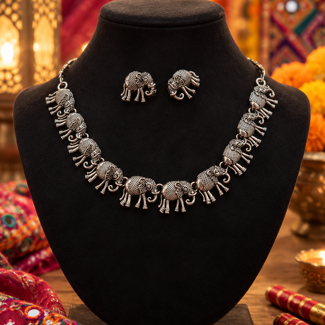 Oxidised Elephant Motif Necklace Set