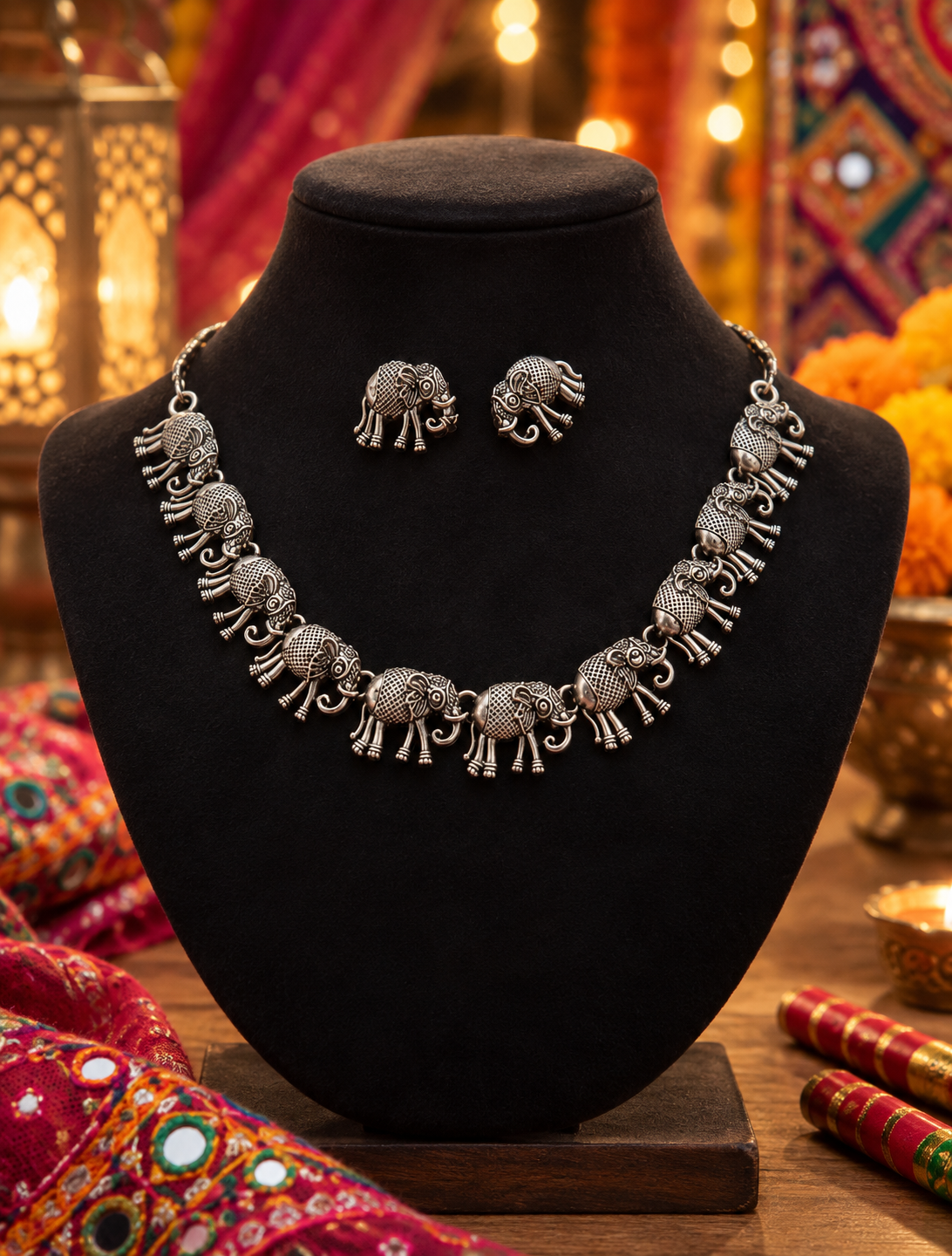 Oxidised Elephant Motif Necklace Set