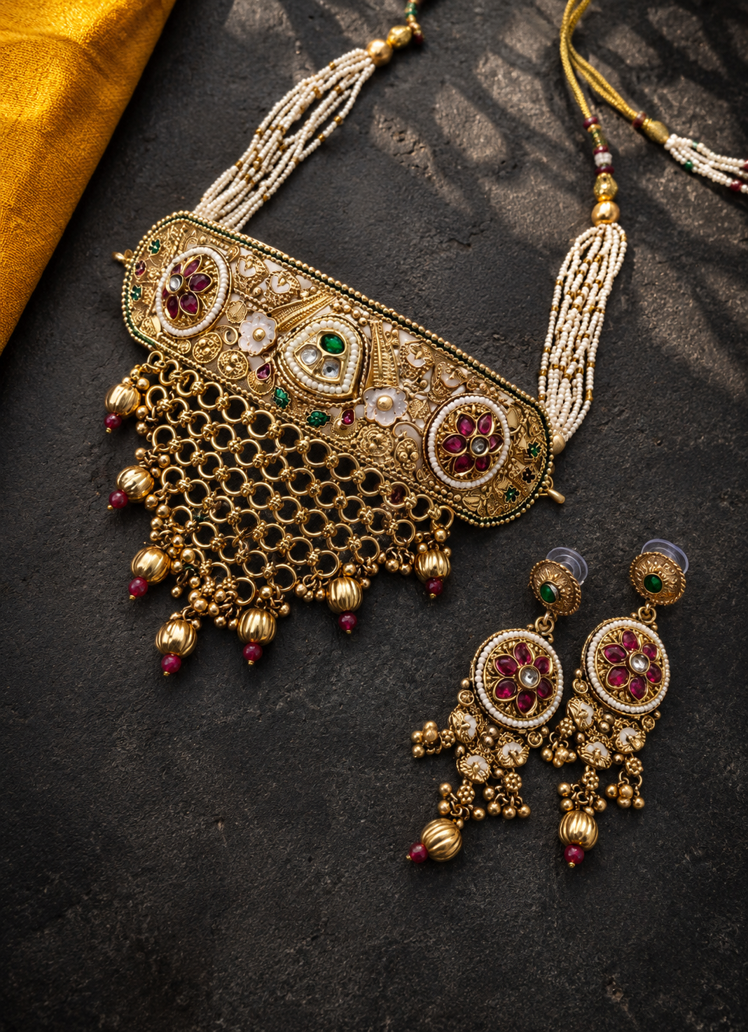 Rajwadi Ruby Floral Kundan Choker Set