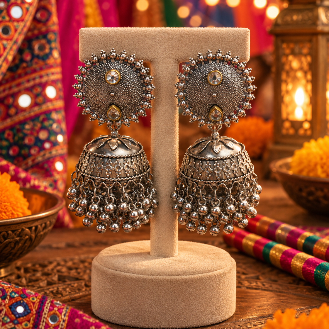 Oxidised Round Stud Jhumka Earrings