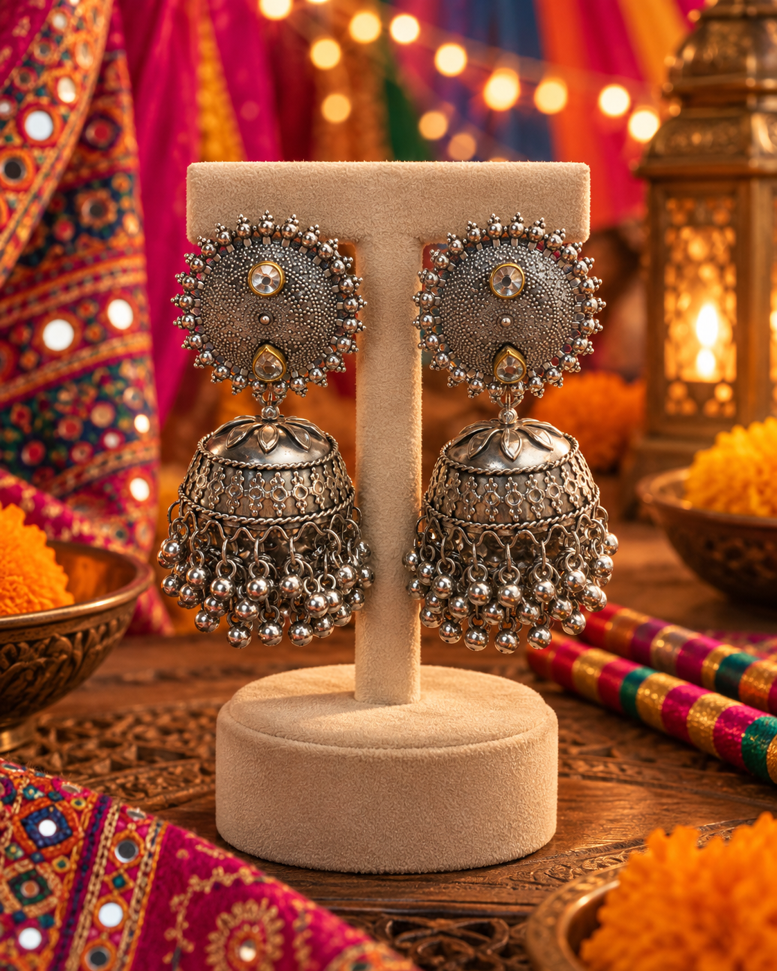 Oxidised Round Stud Jhumka Earrings