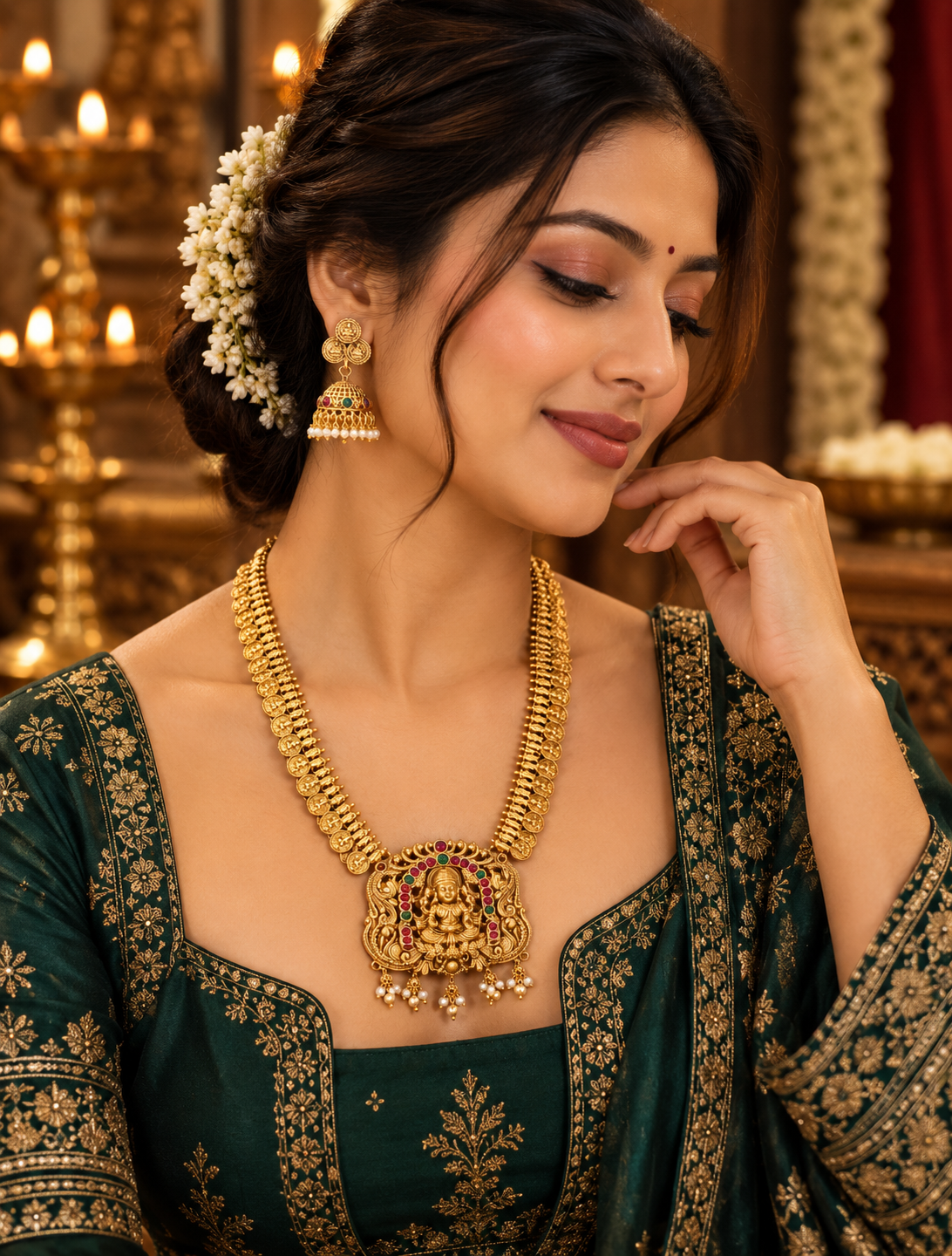 Lakshmi Temple Pendant Necklace with Jhumka Earrings