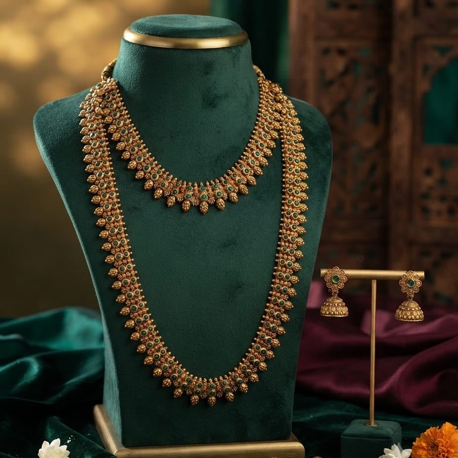 Green and Ruby Long Layered Necklace Set