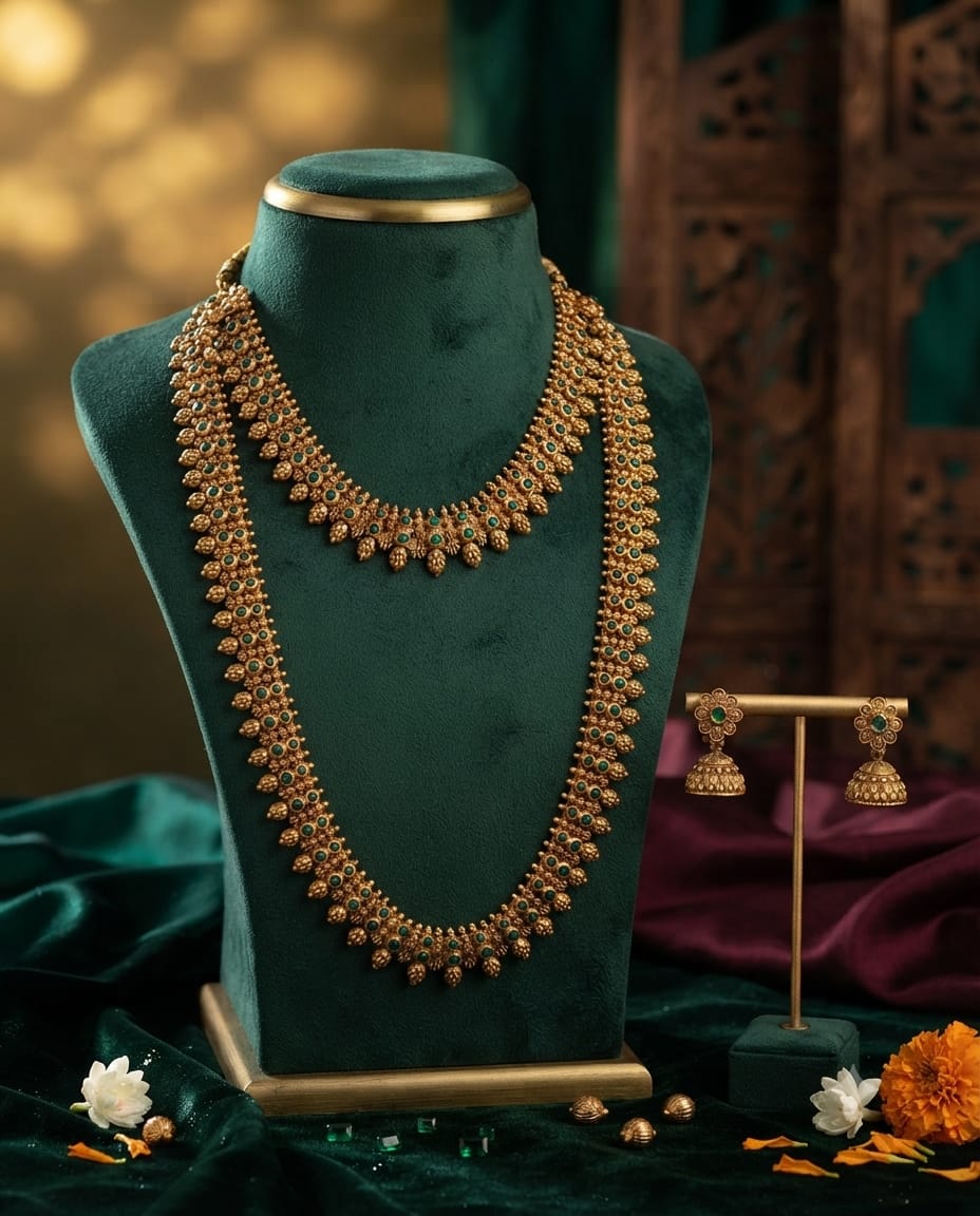 Green and Ruby Long Layered Necklace Set