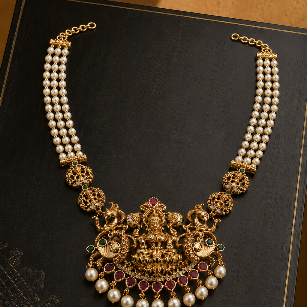 Pearl Beaded Strand Lakshmi Devi Gold Plated Pendant Necklace