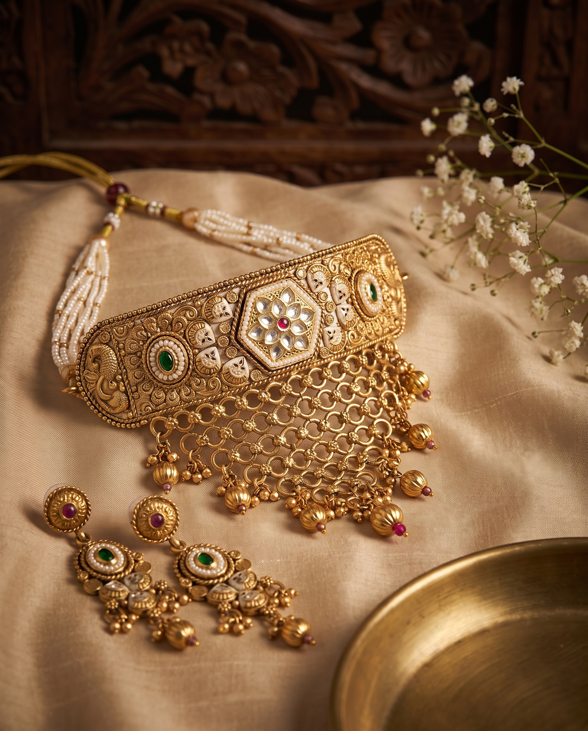 Green Kundan Gold Plated Choker Necklace Set