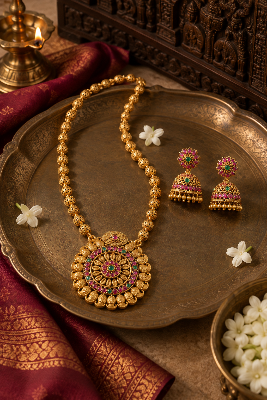 Chakra Gold Tone Pendant Long Necklace Set